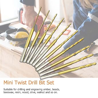 10Pcs Mini Twist Drill Bit Set - Micro Engraving Drill Bits, HSS 2.35mm Shank Titanium Coated 0.6mm to 2.2mm Tiny Drill Bit Hole Drilling Tool for DIY Resin, Jewelry, Amber, Beads and Beeswax