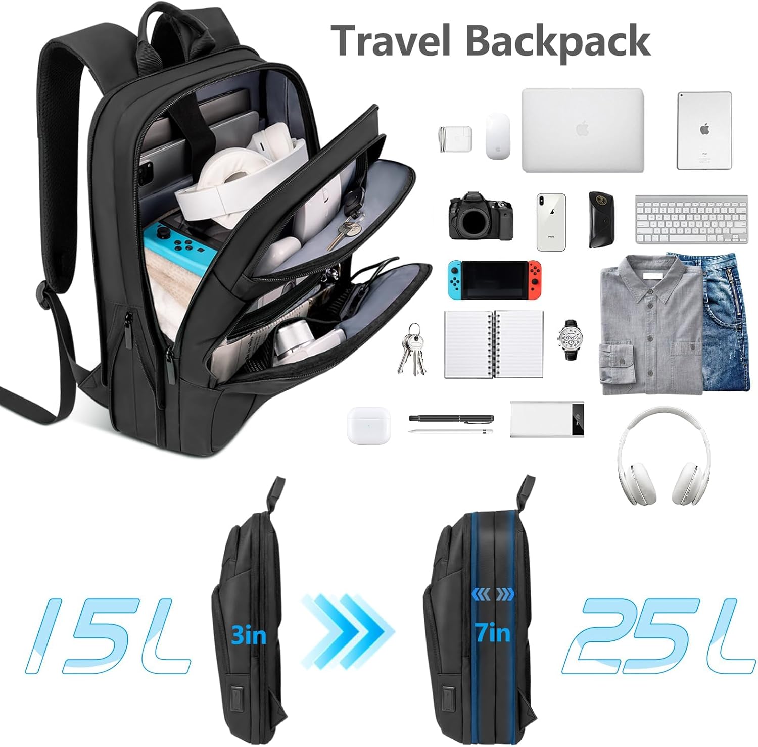 Backpack for Men Slim & Expandable Travel Laptop Backpack with USB Charging Port Water Resistant Anti-Theft Business Backpack Fits 15.6In Laptop for Commute Work College with Small Bag(Business Black) - Image 3