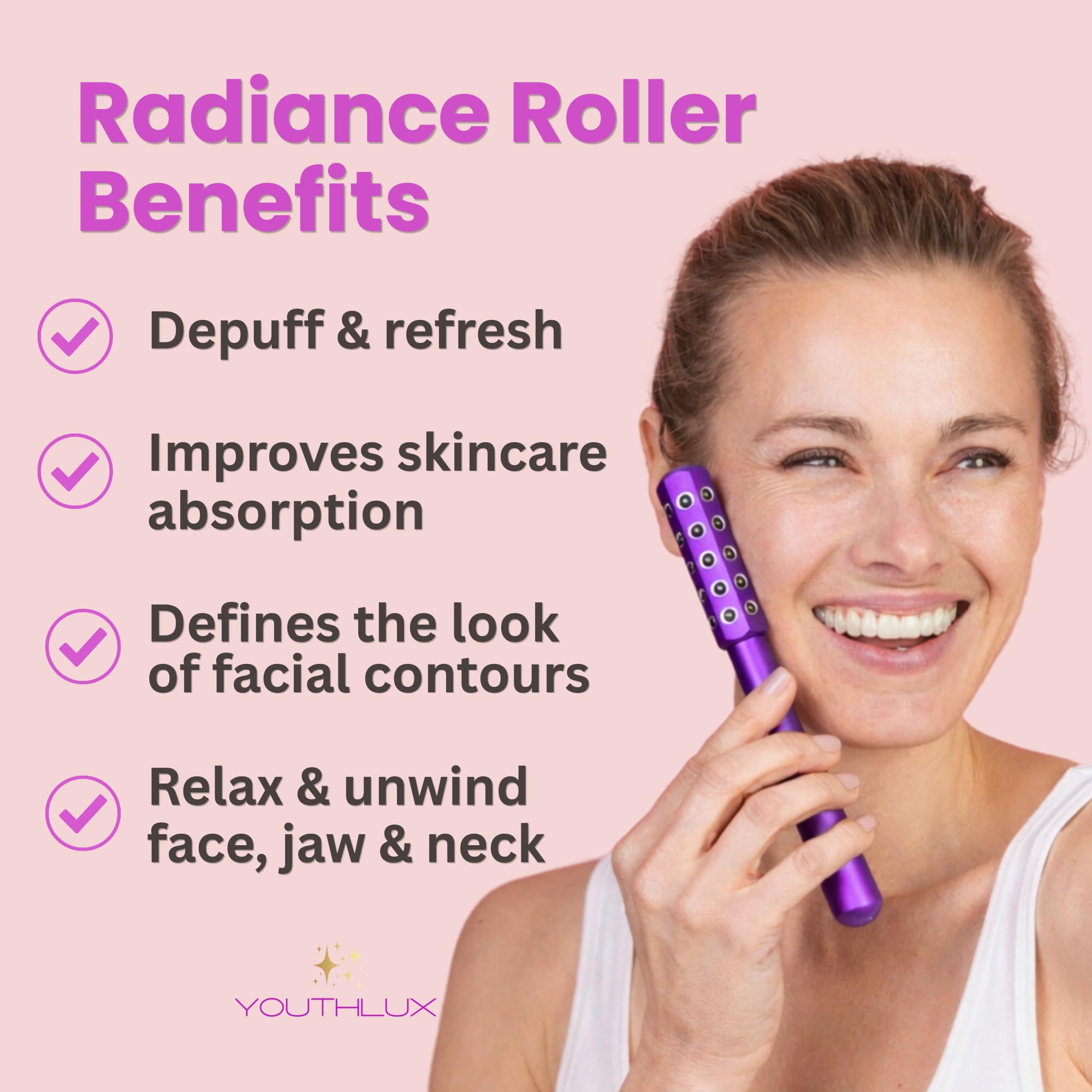 Radiance Roller – Germanium Stone Facial Massage Tool/Wand Face Roller for Lifting, Sculpting, De-Puffing, Glow Boost, Energizing & Cooling Effect (Purple)