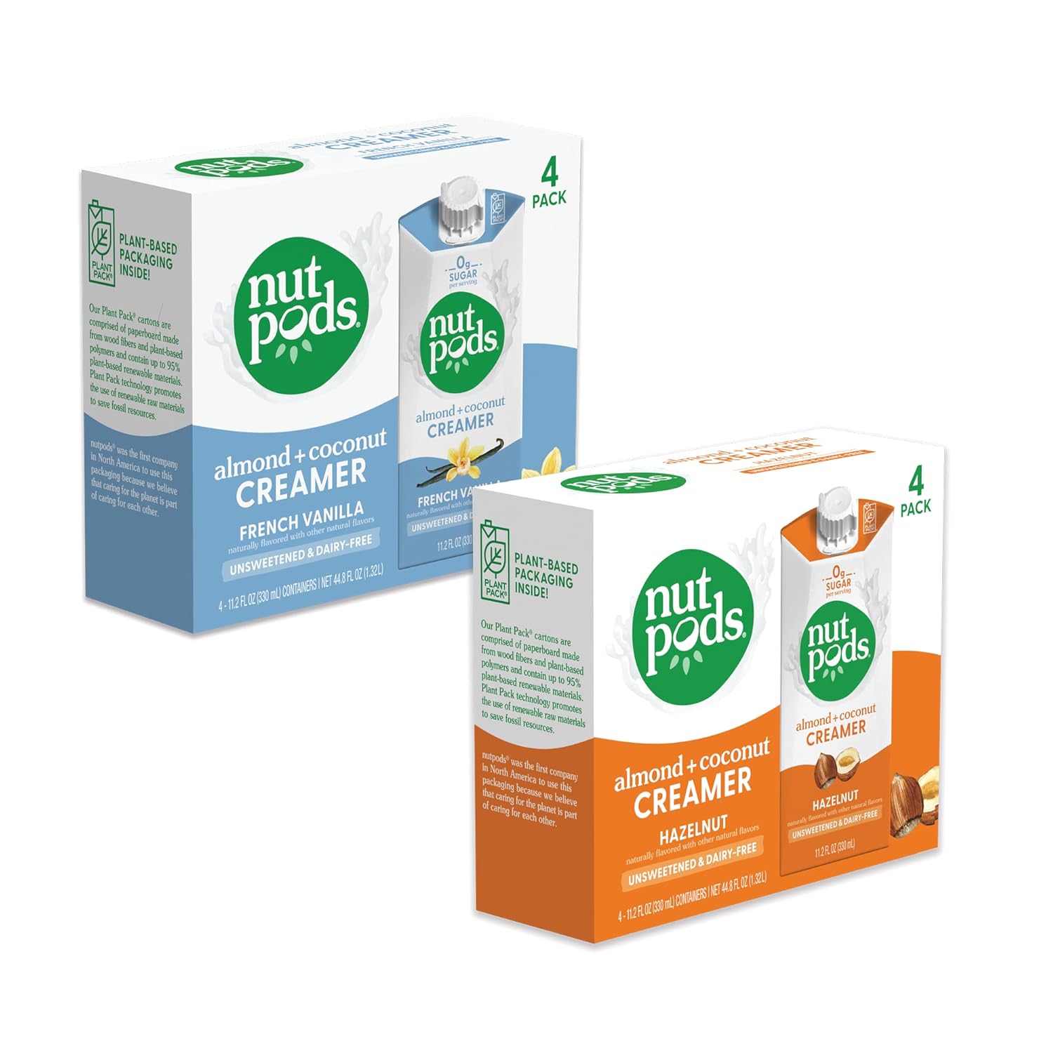 nutpods Non Dairy Coffee Creamer Bundle: a 4 pack of French Vanilla creamer and a 4 pack of Hazelnut creamer.