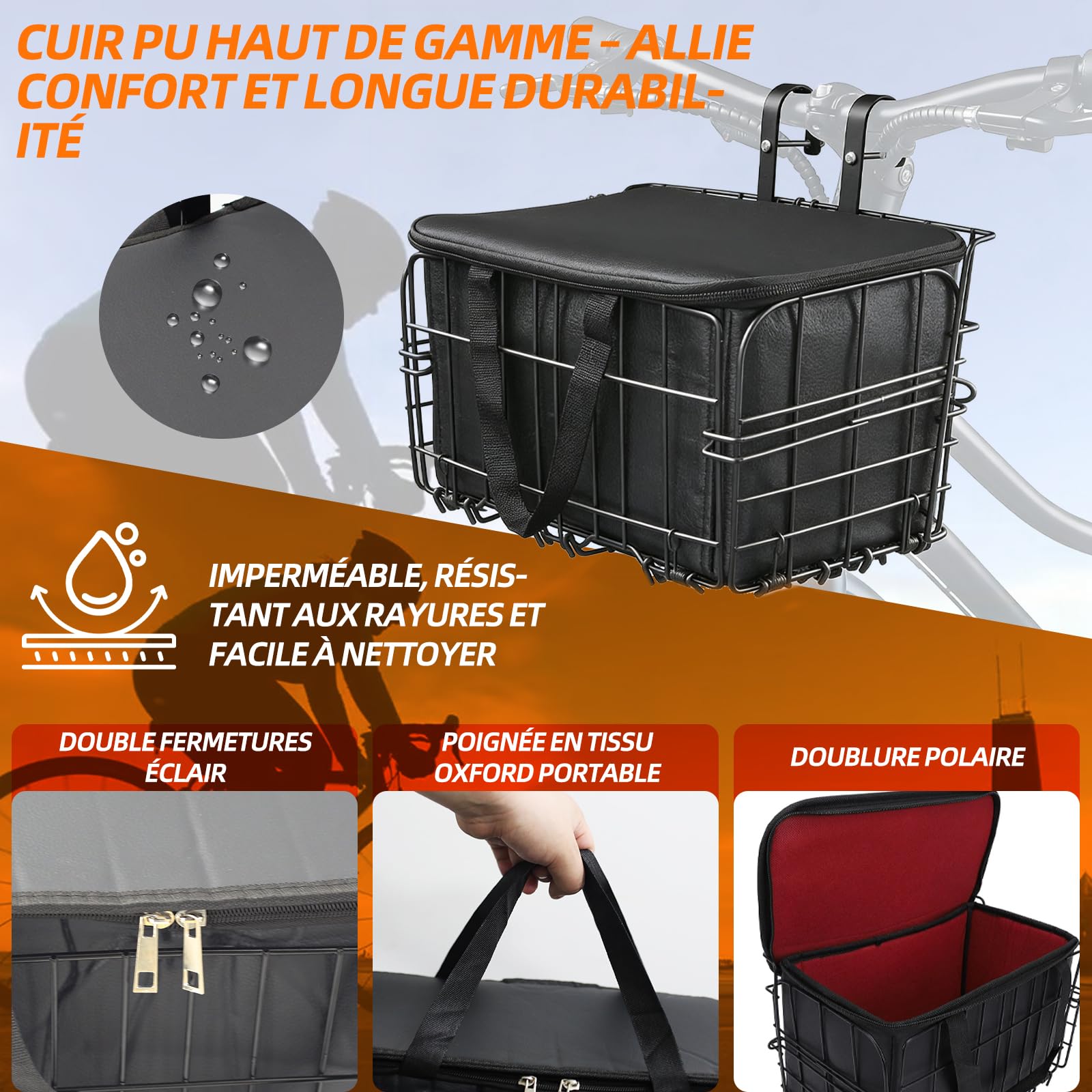 Panier de vélo unisexe pour vélo avant, amovible, grande capacité, convient pour les vélos électriques, les VTT, les vélos de ville et les vélos de loisirs. (panier avant pliable)