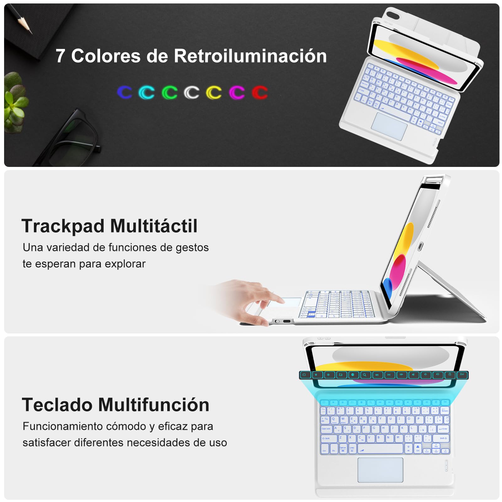 Funda Teclado para iPad A16 11 Gen 2025/ iPad 10ª Generación 2022 | Funda para iPad A16 con Teclado Bluetooth Trackpad Español, Teclado Retroiluminado Inalámbrico para iPad 10/11 Gen A16-Blanco