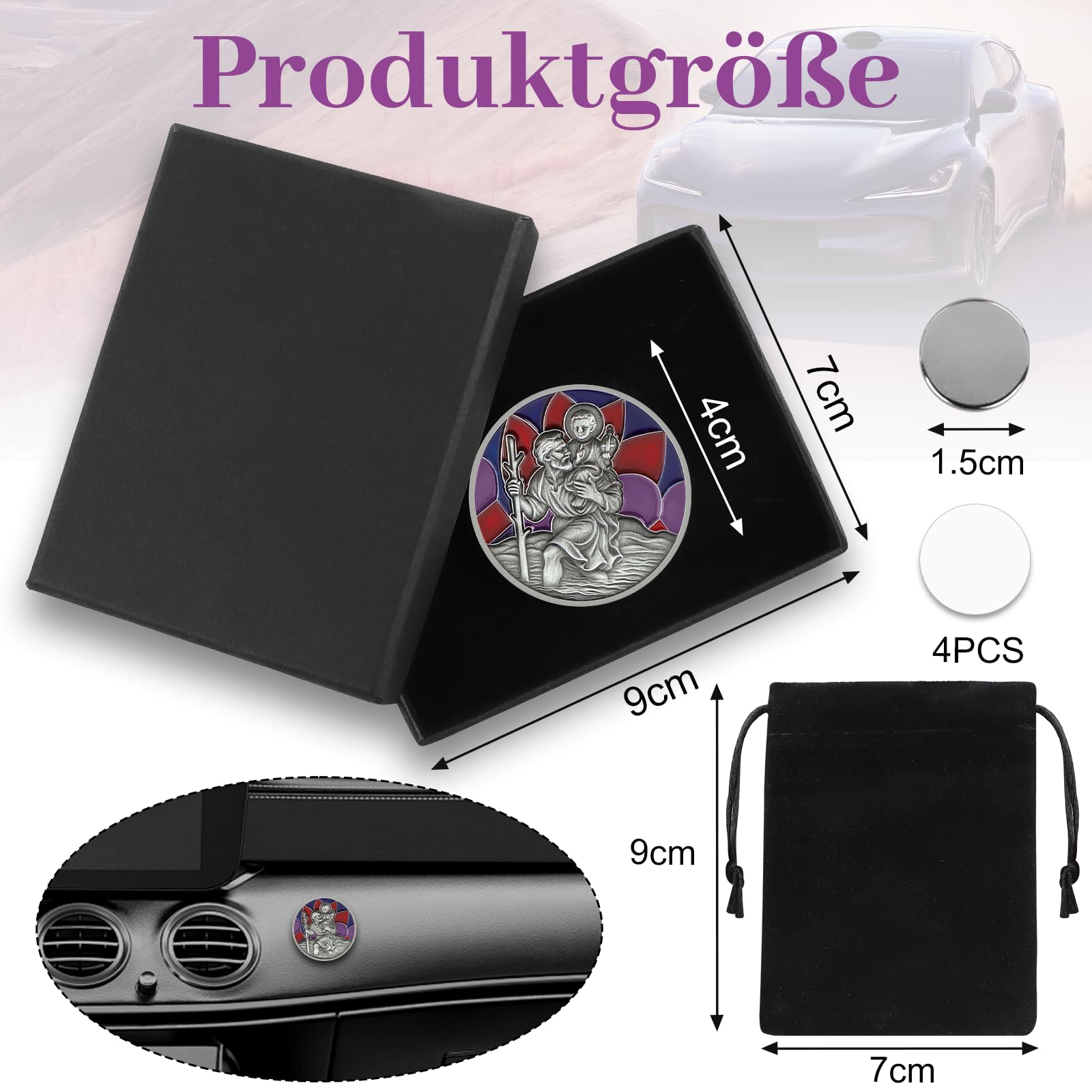 DXLing Placa de San Cristóbal para Coche Ø 4 cm Medalla de San Cristóbal para protegernos y Venir a casa Imán de Coche de San Cristóbal con imán Bolsa de Terciopelo y Pegatinas Adhesivas de Doble Cara - 3