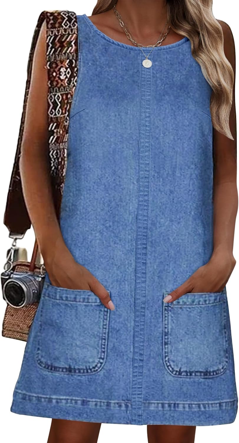 Womens Sleeveless Casual Denim Dress - Summer Crewneck Vintage Loose Jean Romper Overall Dress with Pockets