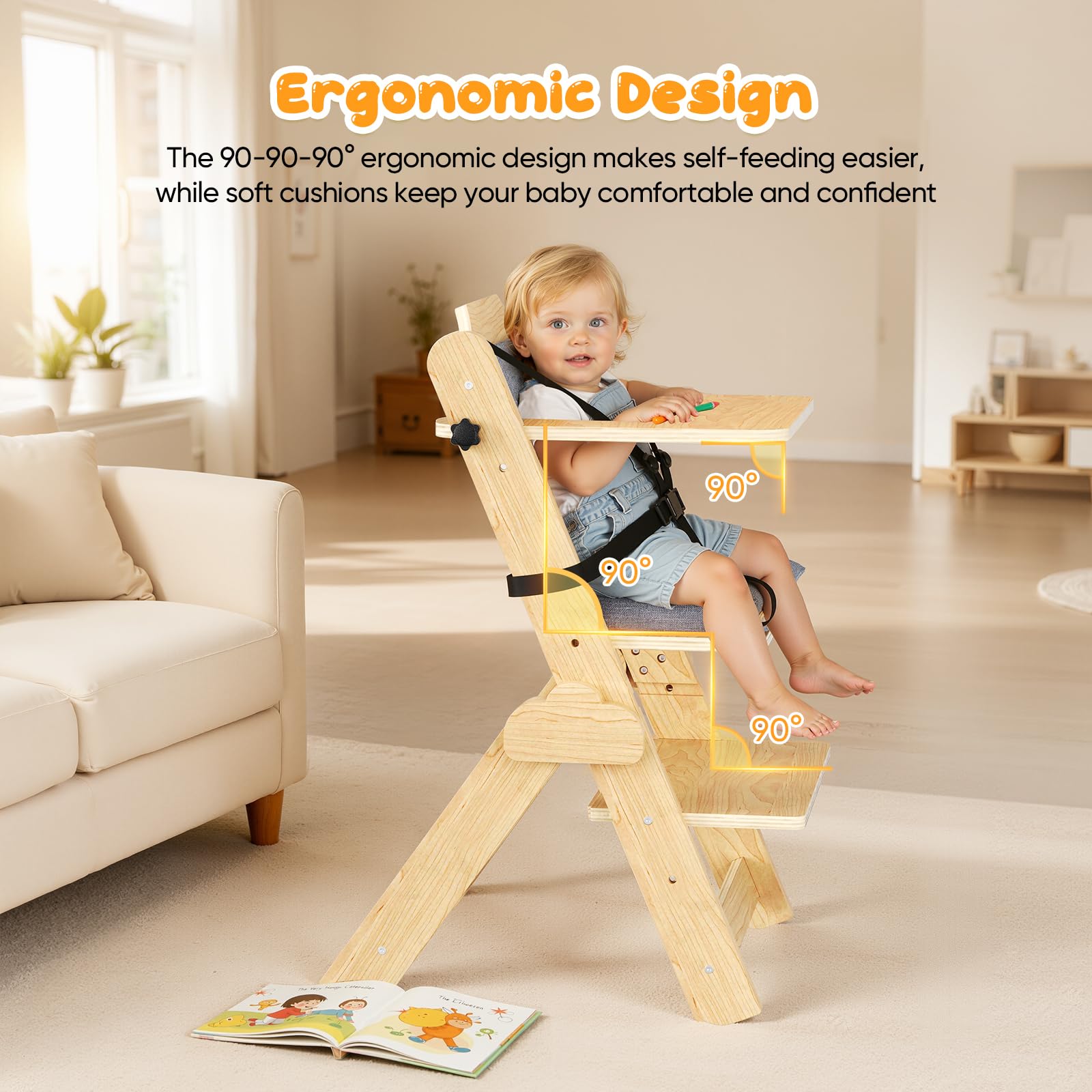 Chaise Haute Bébé Evolutive – Avec Coussin, Plateau Repas, Arceau de Sécurité, Harnais 5 Points et Sangle d’Entrejambe,en Bois Naturel, Chaise d'alimentation, Évolutive, Réglable