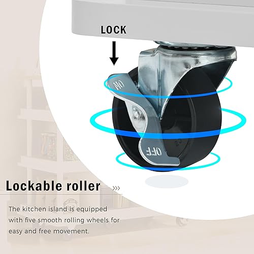 Miniatura 9 de Livavege Carrito de cocina multiusos con gabinete de almacenamiento, cajón, estante ajustable y gancho lateral, isla de cocina rodante sobre 5