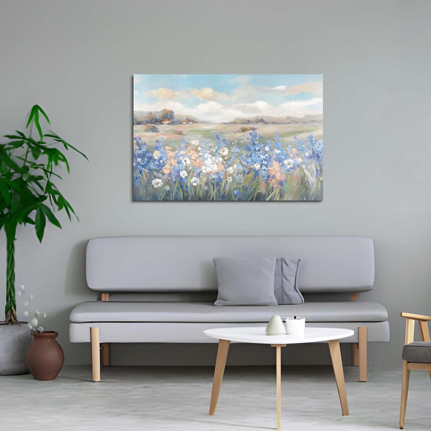 cozy country Lake Canvas Wall Art with Wildflowers - Serene Lakehouse Decor Pictures for Living Room & Bedroom, Floral Landscape Painting & Flower Nature Artwork 45"x30"