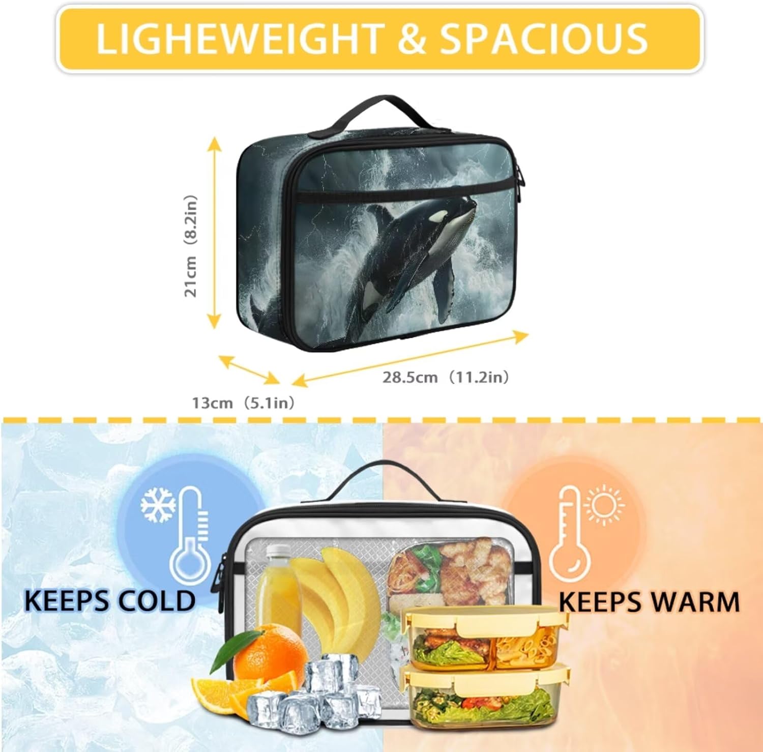 Cute Animal Backpack Set for Girls Boys 17 Inch Stormy Sea Killer Whale Orca Backpack with Lunch Box for Kids Elementary Student Padded Back Lightweight School Bag Black Bookbag