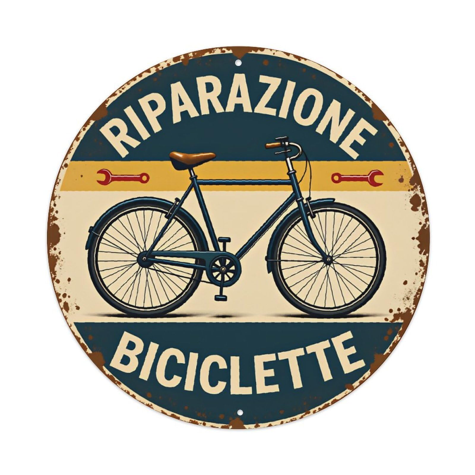 Vintage Italian Bicycle Repair Round Metal Sign Vintage Aluminium Metal Sign, Retro Wall Decor for Home, Bar, Garage & Farmhouse 20x20cm