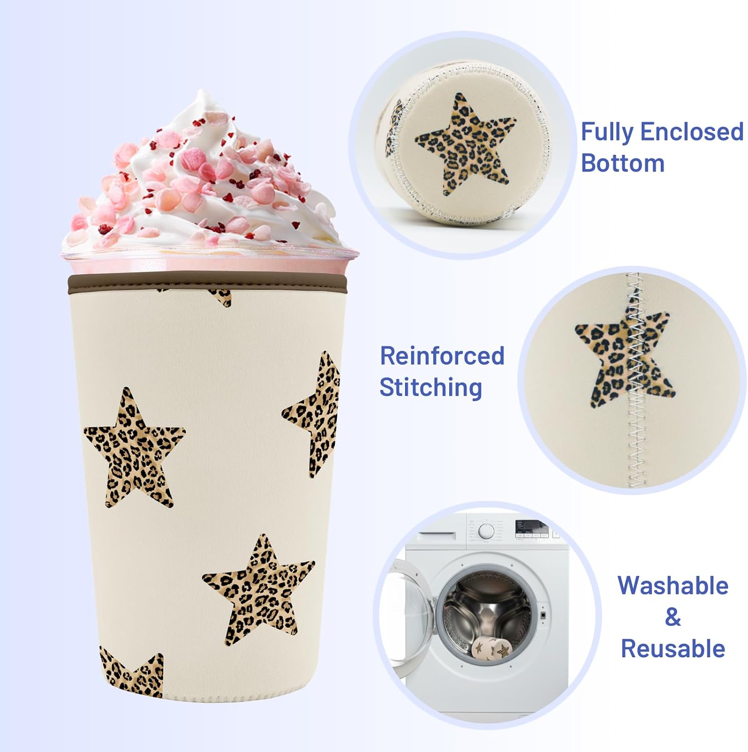 Iced Coffee Sleeve Reusable Neoprene Cup Sleeves, Stars Leopard