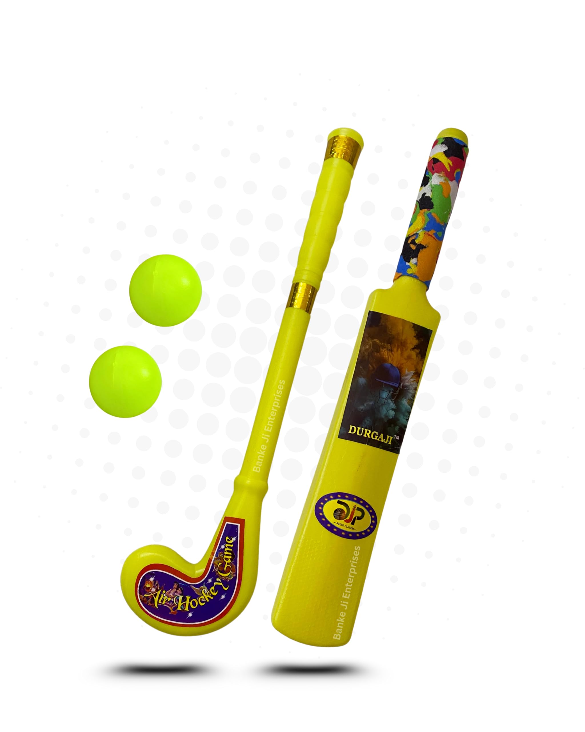 Banke Ji 3 in 1 Sports Combo - Cricket Bat, Hockey Stick, Tennis Racquet with Balls (Yellow Cricket Bat, Yellow Hockey Stick & Blue Racket) 2