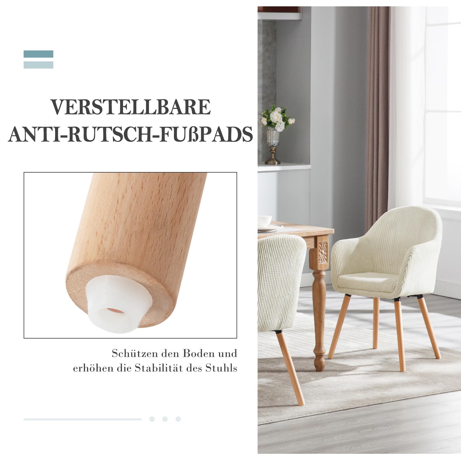 WOLTU Esszimmerstühle 2er Set, für Schlafzimmer Küche Wohnzimmer, Küchenstühle gepolstert Modern, mit Armlehnen, Massivholzbeinen, Sitzfläche aus Cord, Cremeweiß