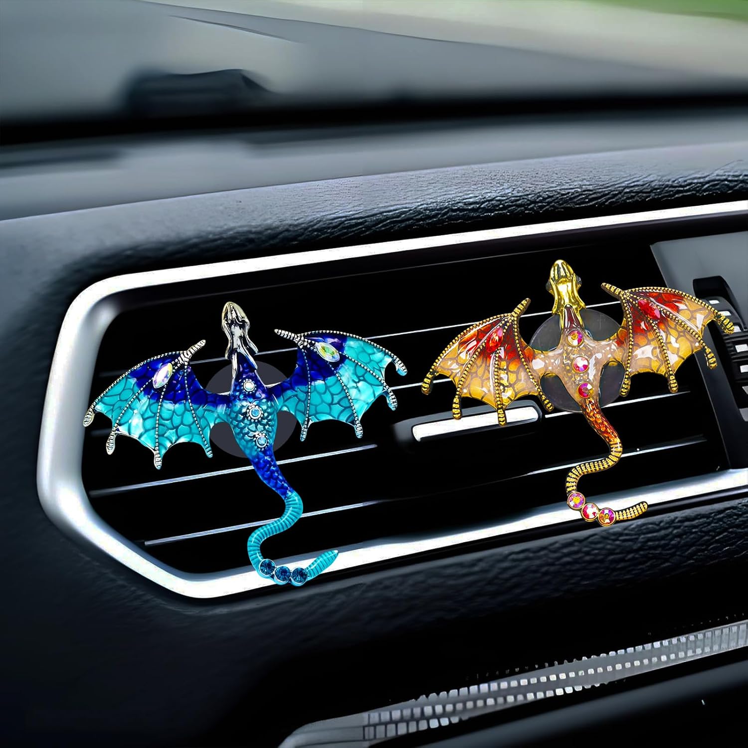 2 Pcs Bling Dragon Car Air Freshener Vent Clips, Crystal Rhinestone and Enamel Dragon Air Vent Clips Car Diffuser Cute Car Interior Decoration Accessories for Women Gift (Blue Red)