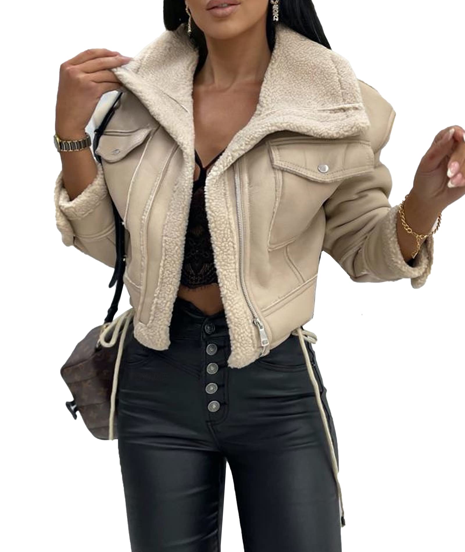 HAHAEMMA Giacca da donna in finta pelle Sherpa, foderata, invernale, calda, con risvolto, a maniche lunghe, con chiusura lampo