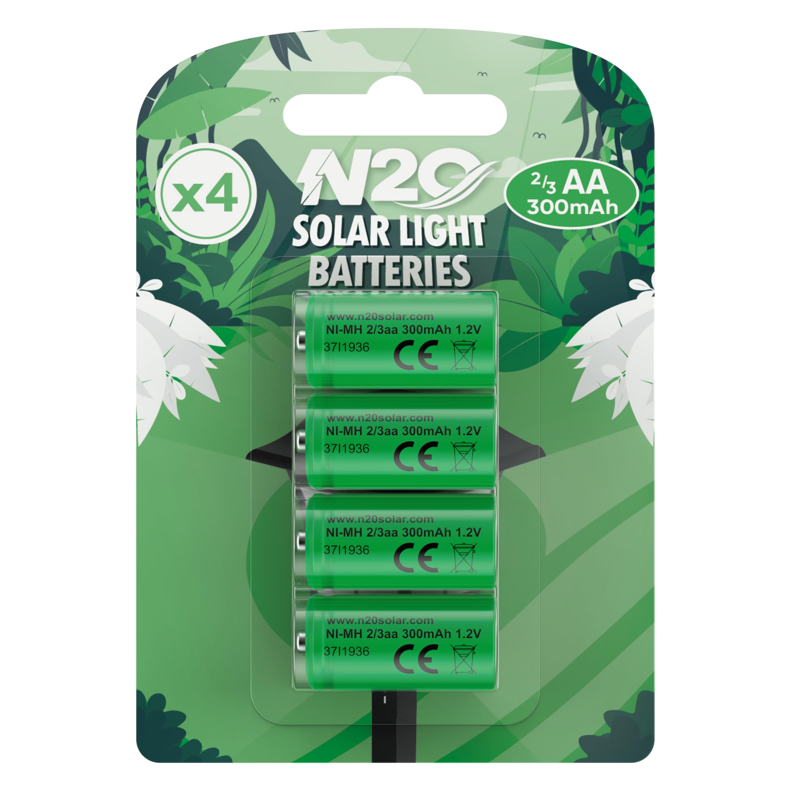 N20 SOLAR Small Size 2/3 AA Rechargeable Batteries for Solar Lights - Smaller Size 300mAh 1.2V Ideal for Garden Lighting 4 Pack