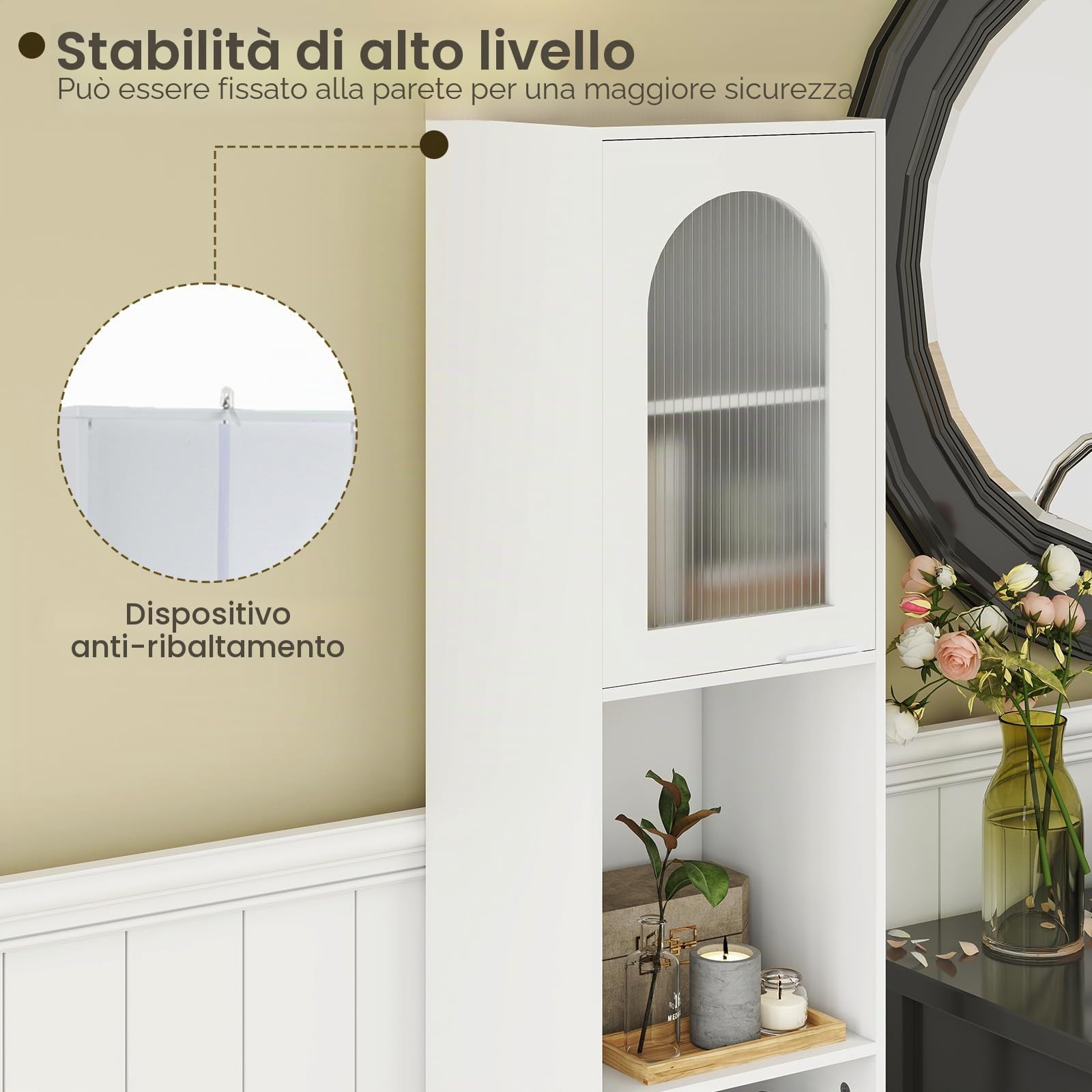 LIFEZEAL Mobile Bagno Salvaspazio Bianco, Colonna Bagno Alto, Stretto, 35x30x180cm, Credenza Cucina, Armadio Dispensa, Mobiletto, con 2 Ante in Vetro, Ripiani Regolabili, Scomparti, in Legno, Max 90kg
