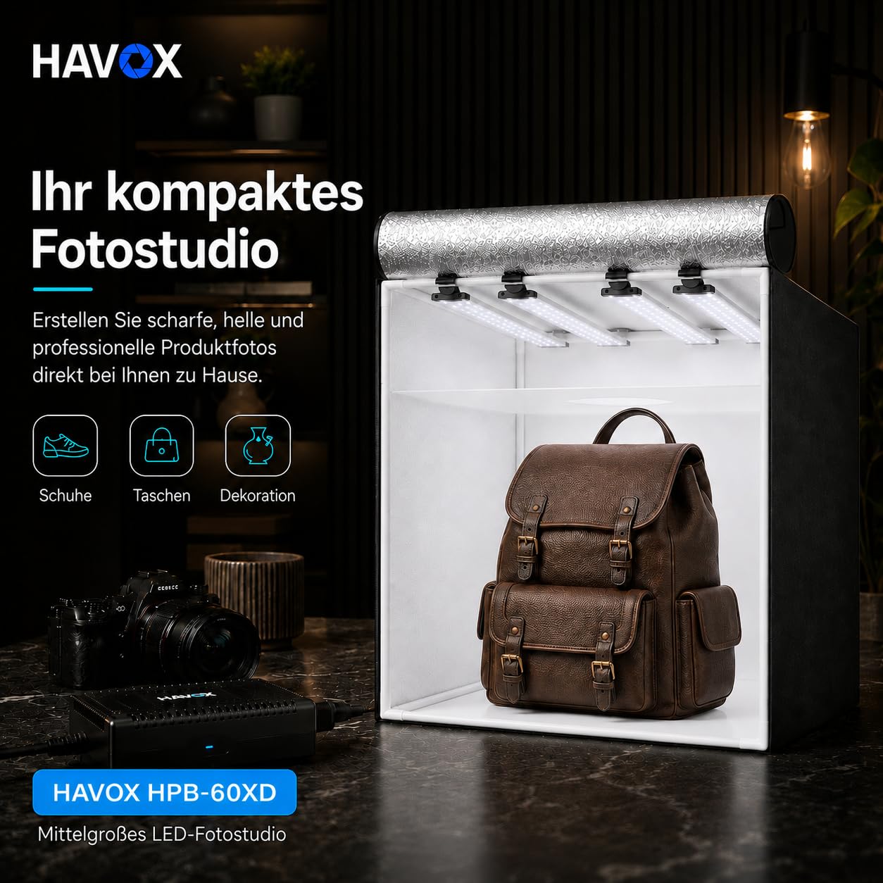 HAVOX Fotostudio HPB-60XD – 60x60x60cm Lichtbox 26000lm mit 240 LEDs – Großes Fotozelt mit 4 verstellbaren Panels – Mini Fotostudio für Kleidung, Schuhe, Produktfotografie