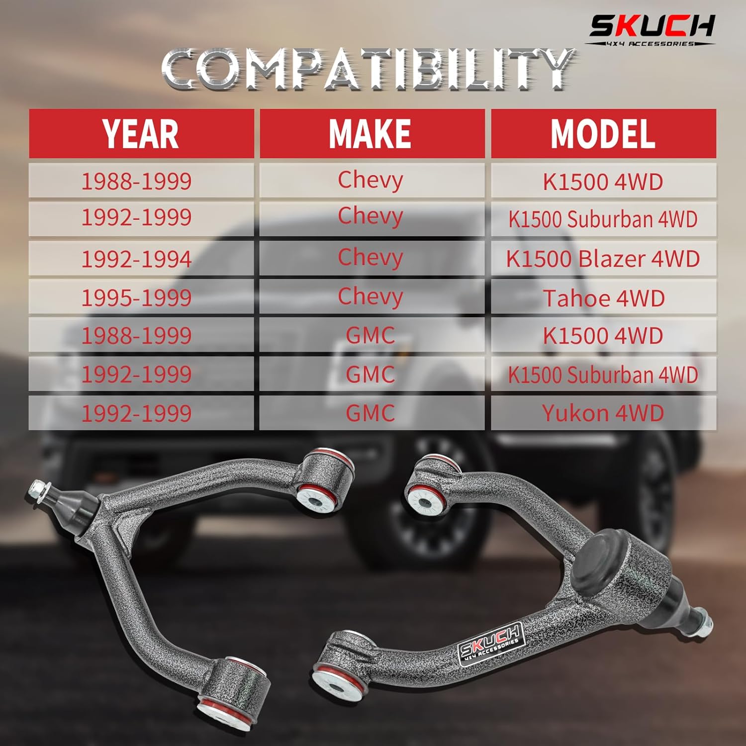 Front Upper Control Arms for 1988-1999 Chevy K1500& GMC K1500, 1992-1999 Yukon & K1500 Suburban,1988-1991 V1500 Suburban，1995-1999 Tahoe,2-4" Lift Adjustable Control Arms with Ball Joint (2PCS)