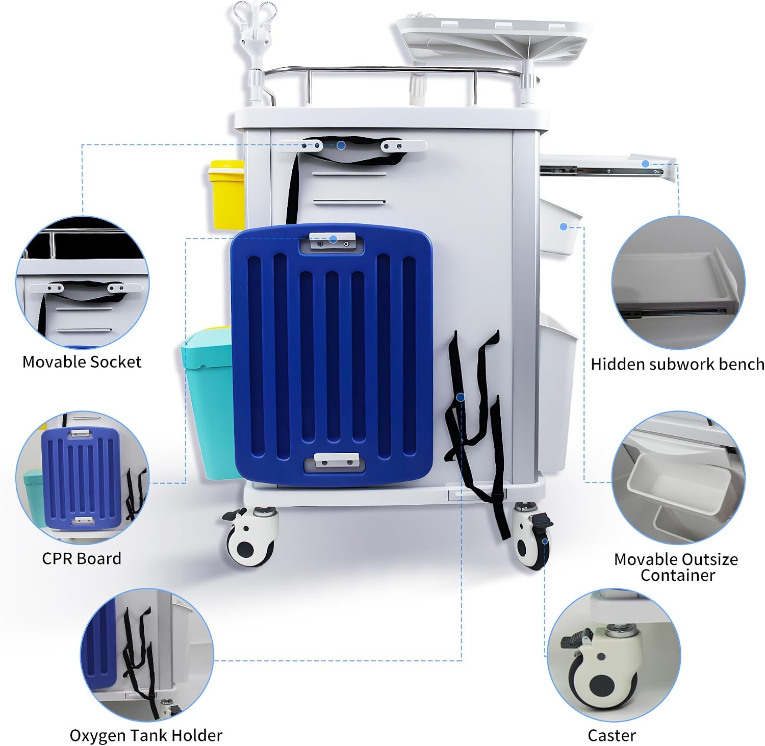 Medical Crash Cart, 5 Drawers with Dividers, Adjustable IV Pole, Silent Casters, Trash Bins, O2 Holder, Needle Disposal Holder, CPR Board – Emergency Rolling Cart for Hospital, Clinic, Nursing Center