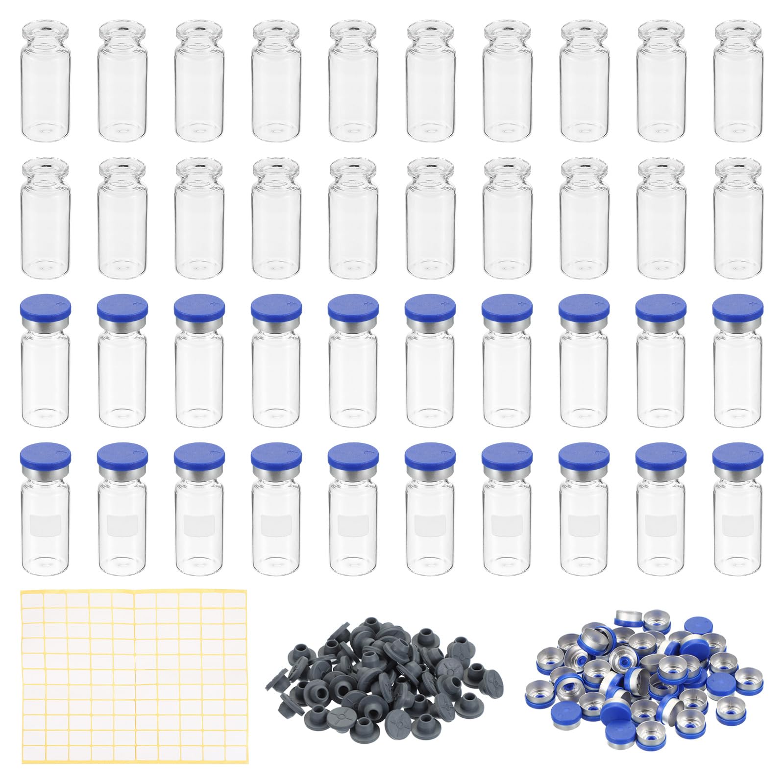 PATIKIL 10 ml Probenfläschchen, 100er-Packung leere Laborfläschchen mit Butylkautschukstopfen, Bördelkappen und Etiketten, Fläschchen aus Borosilikatglas, klar