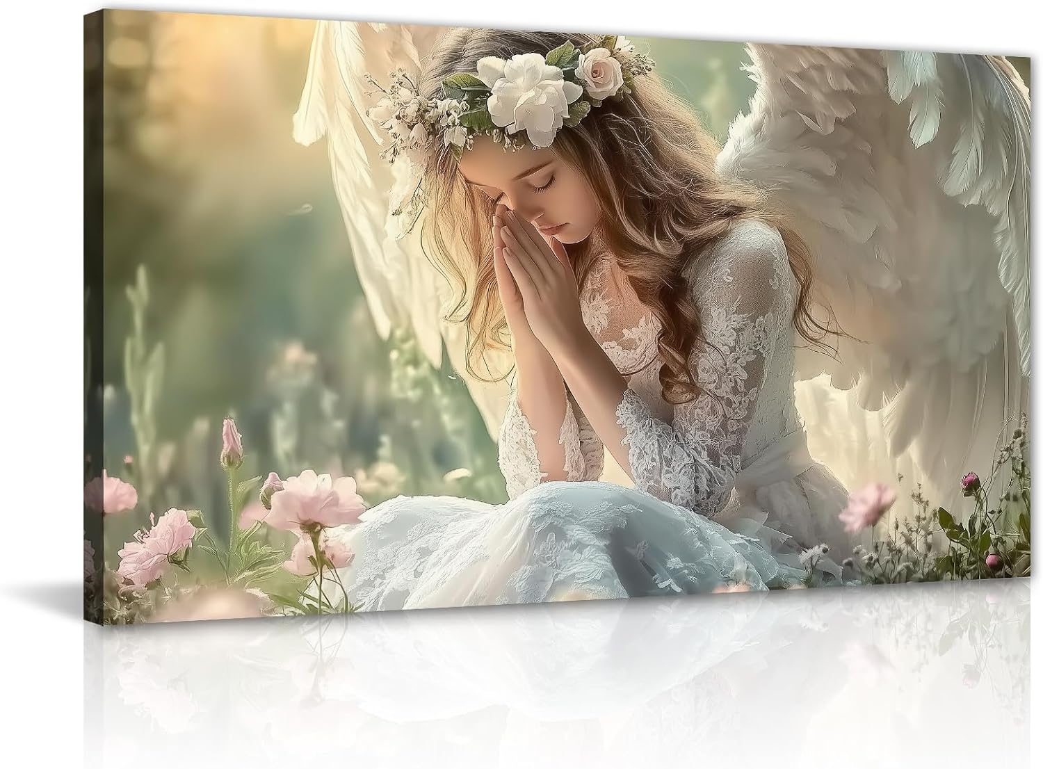 GLOKAKA Angel Wall Art Elegant Angel with White Wings Canvas Prints Pink Flower Field Poster Romantic Artwork for Bedroom Living Room Home(Artwork-1,12"x18")