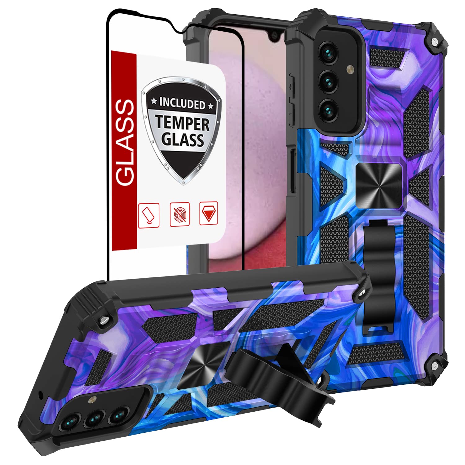 for Samsung Galaxy-A14-5G A14 Case w Tempered Glass Screen Protector Full Coverage Full-Body 15FT Mil-Grade Built-in Kickstand Car