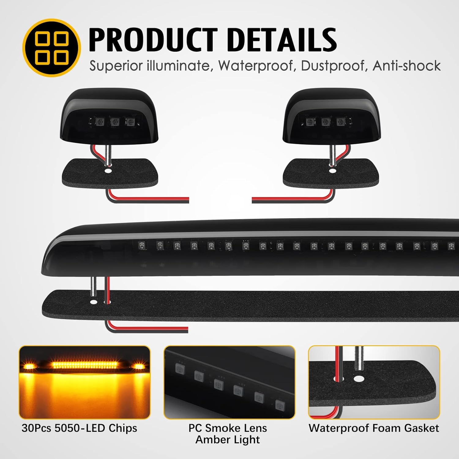 Partsam 3Pcs Smoked Lens Amber Cab Marker Lights Replacement for Silverado/Sierra 1500 2500 3500 2015 2016 2017 2018 2019 Amber 30 LED Cab Roof Top Clearance Marker Running Lights Lamps w/Wiring Pack