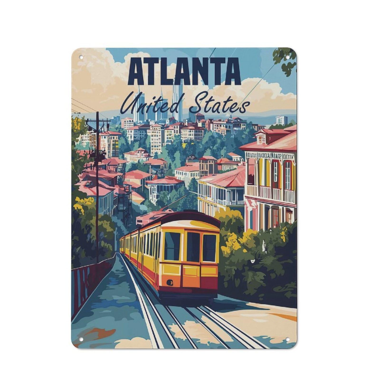 Junmoney Atlanta Cityscape Tin Wall Sign, Bright Printed Design, For Dining Room, Entrance, Cafe Or Christmas Corner, 40X30cm