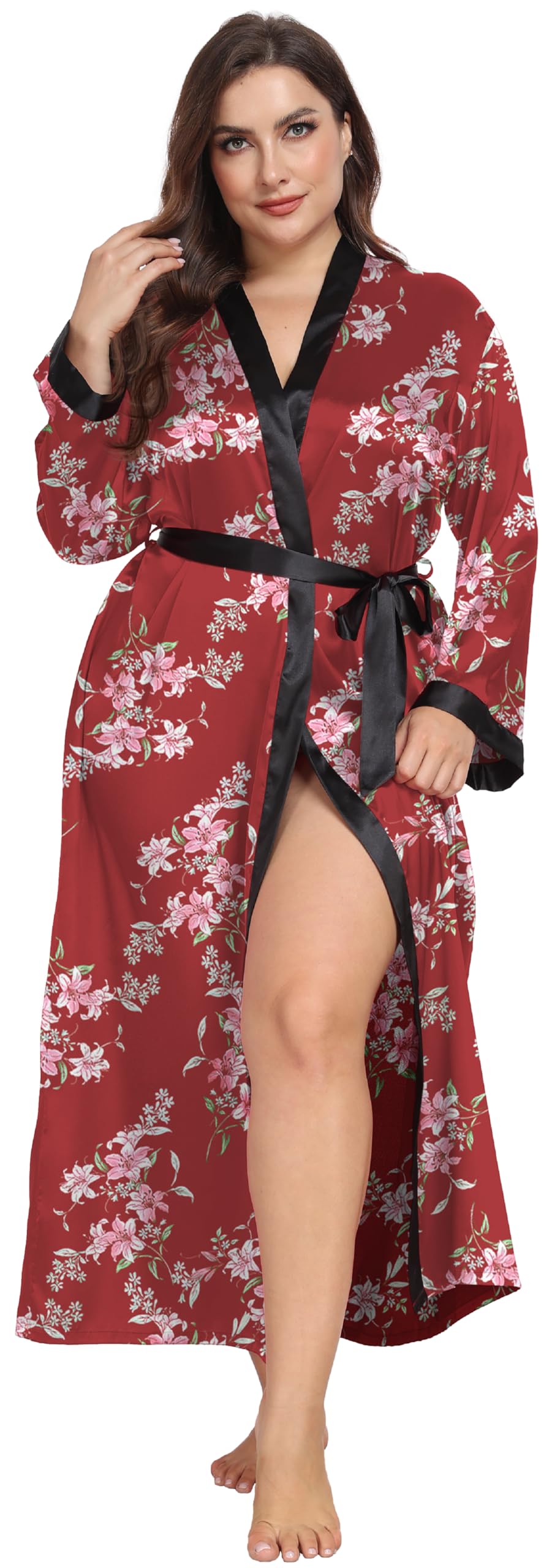 Women's Plus Size Satin Kimono Robes Long Silky Bathrobe Wedding Getting Ready Sleepwear Loungewear