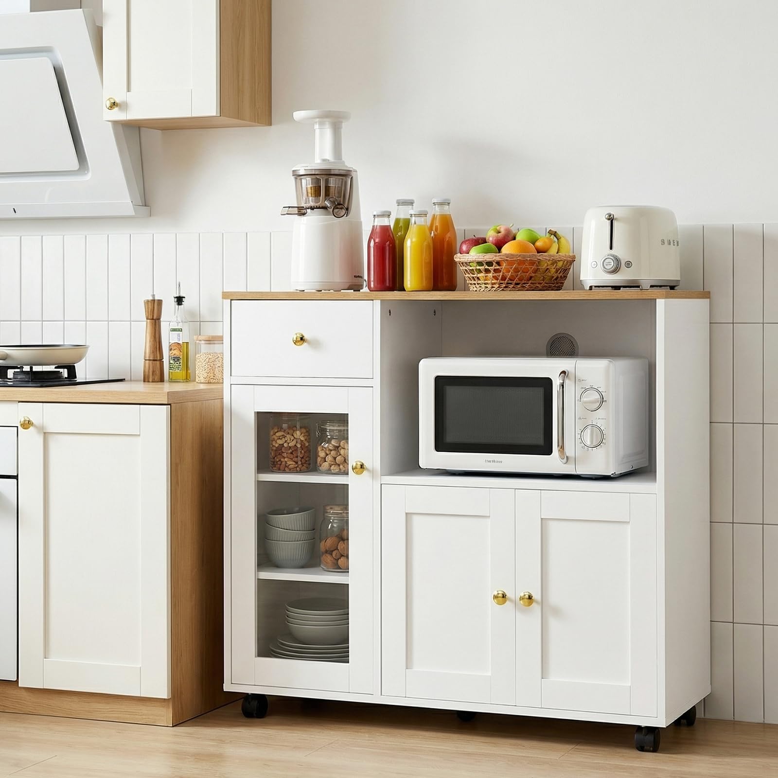 Küchenschrank mit Arbeitsplatte, Buffetschrank, Sideboard Küche mit Mikrowellenregal, Verstellbare Ablagen, für Küche, Esszimmer, Wohnzimmer, Weiß, 90 x 40 x 81.5 cm