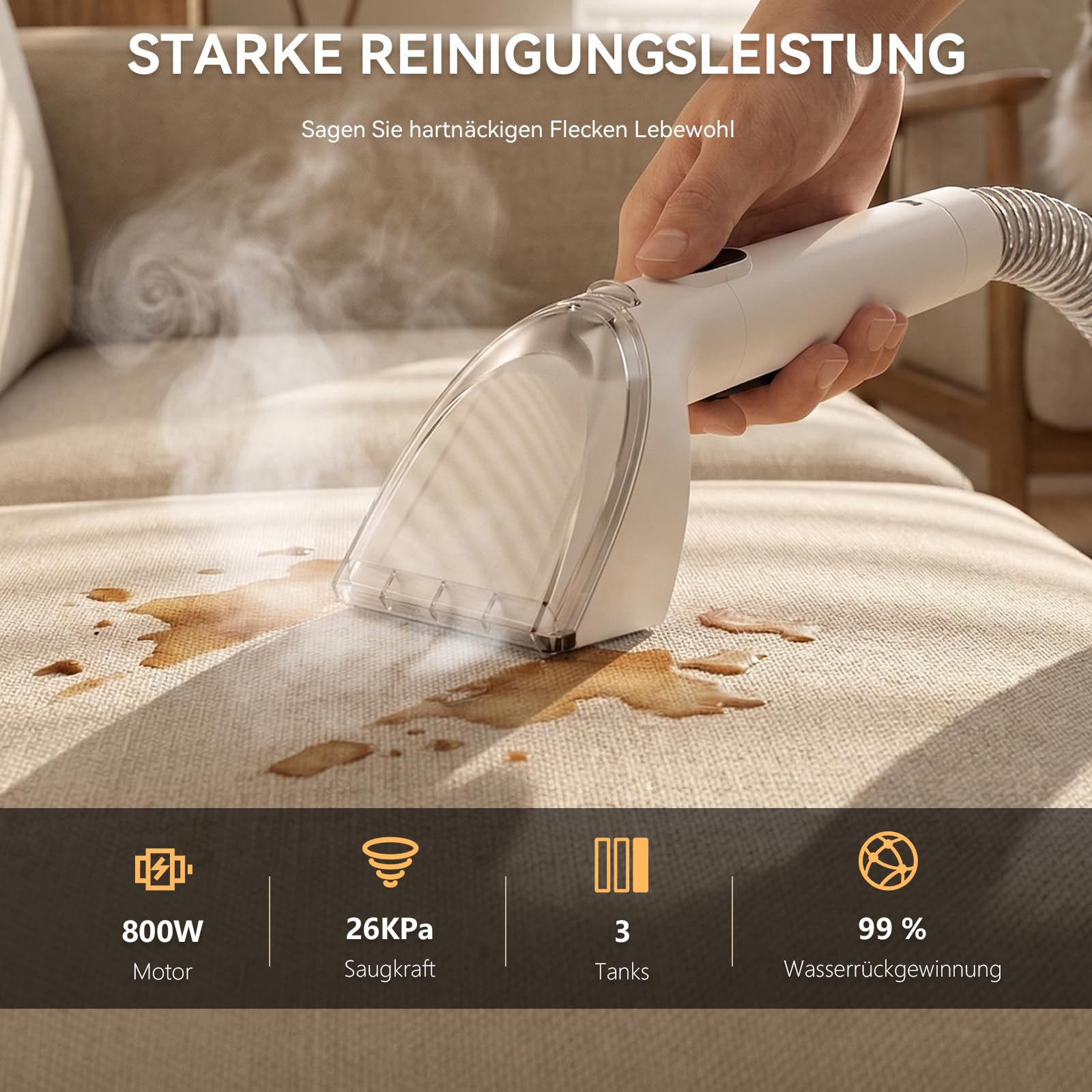 Redkey C2 Polsterreiniger Gerät, 26KPA 1800W Heißdampf Waschsauger Teppichreiniger, 4-in-1 Dampfreiniger Nasssauger Polsterreiniger für Sofa, Teppich, Fenster, Auto, 7 Zubehör & Reinigungsmittel