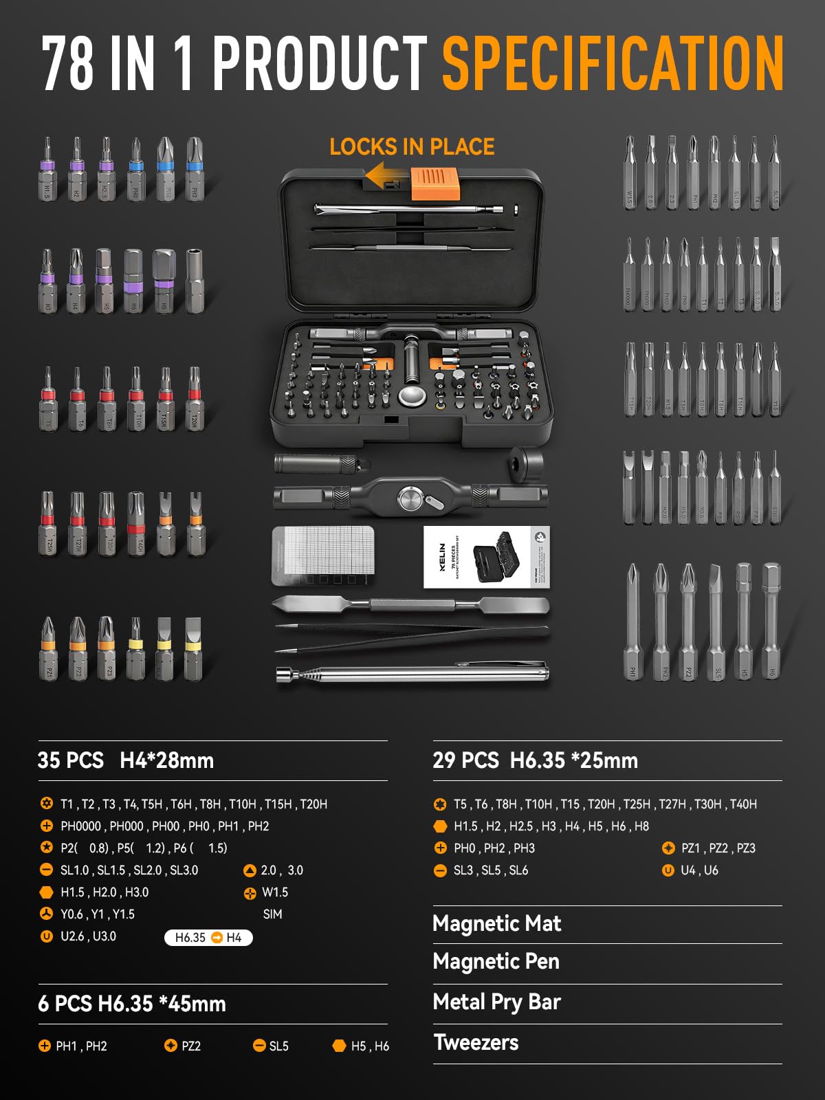 KELIN Juego de destornilladores de trinquete magnéticos 78 en 1, juegos de destornilladores Torx de trinquete multibroca, regalos para hombres que lo tienen todo, rellenos de calcetines para hombres