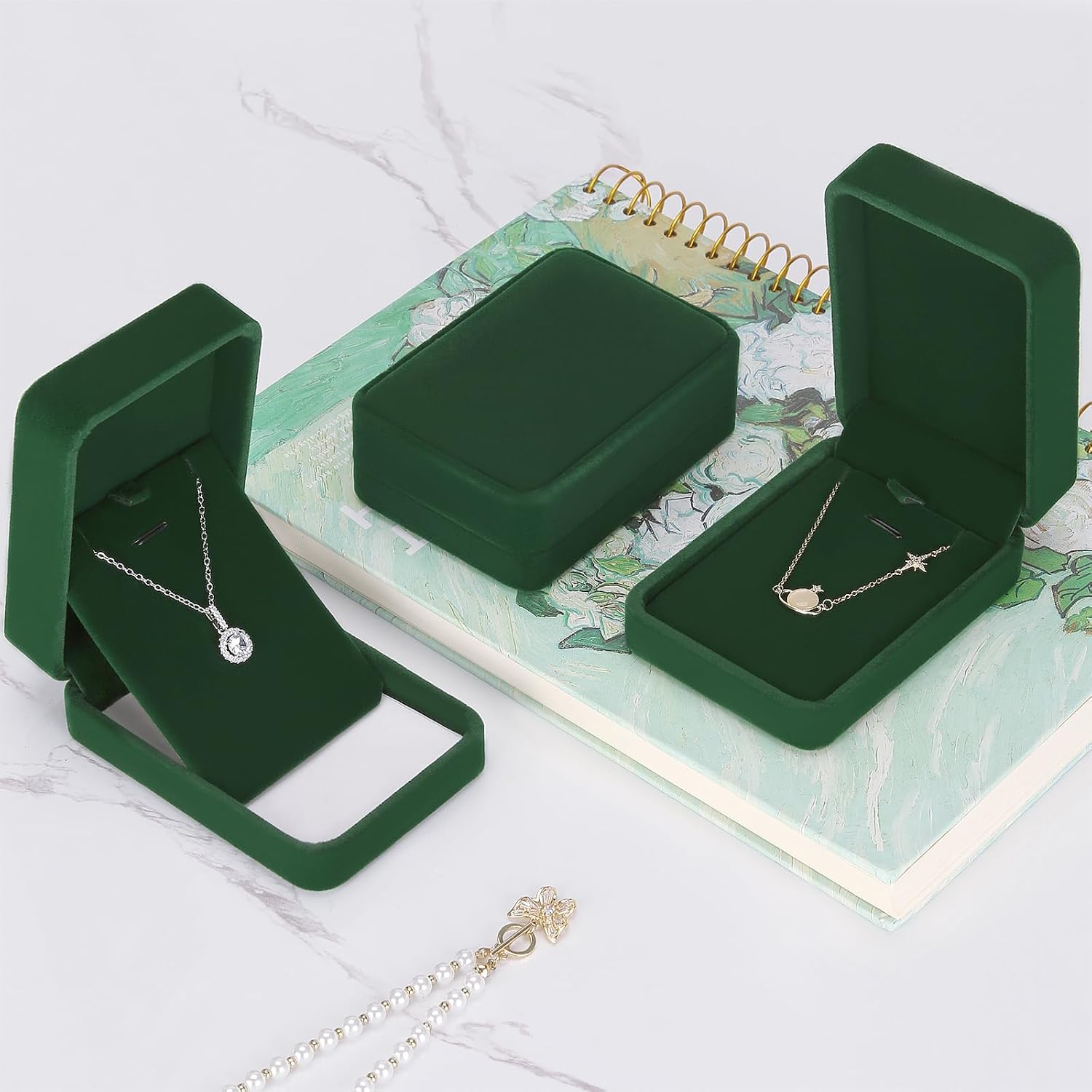 LETURE 3 Pieces Velvet Pendant Necklace Gift Boxes Set, Classic Jewelry Packaging Storage Case, Jewellry Display Box for Wedding, Engagement, Proposal, Birthday and Anniversary (Green-3pcs) image 5