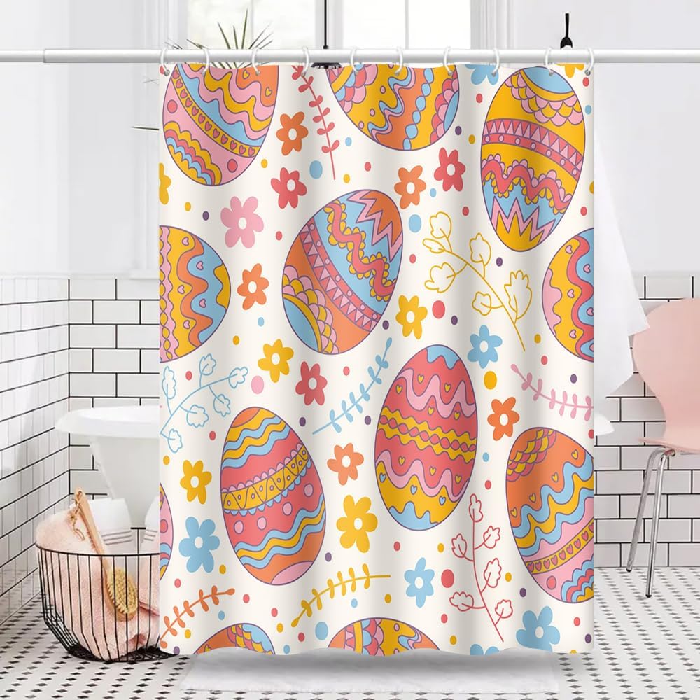 Happy Easter Shower Curtain Boho Easter Eggs Cute Floral Pattern Spring Holiday Bathroom Decoration Waterproof Fabric Modern Aesthetics Bath Accessories Set with Hooks, 72x96 Inch