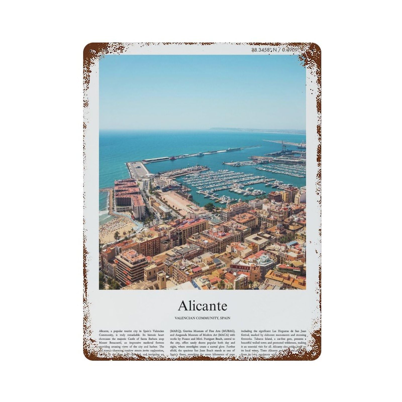 xiaoxiaoshen Alicante Spain City Scenery Wall Decor Art Metal Tin Poster Modern Home Decor Art Home Bar Shop Decorations Vintage Sign 40x30cm