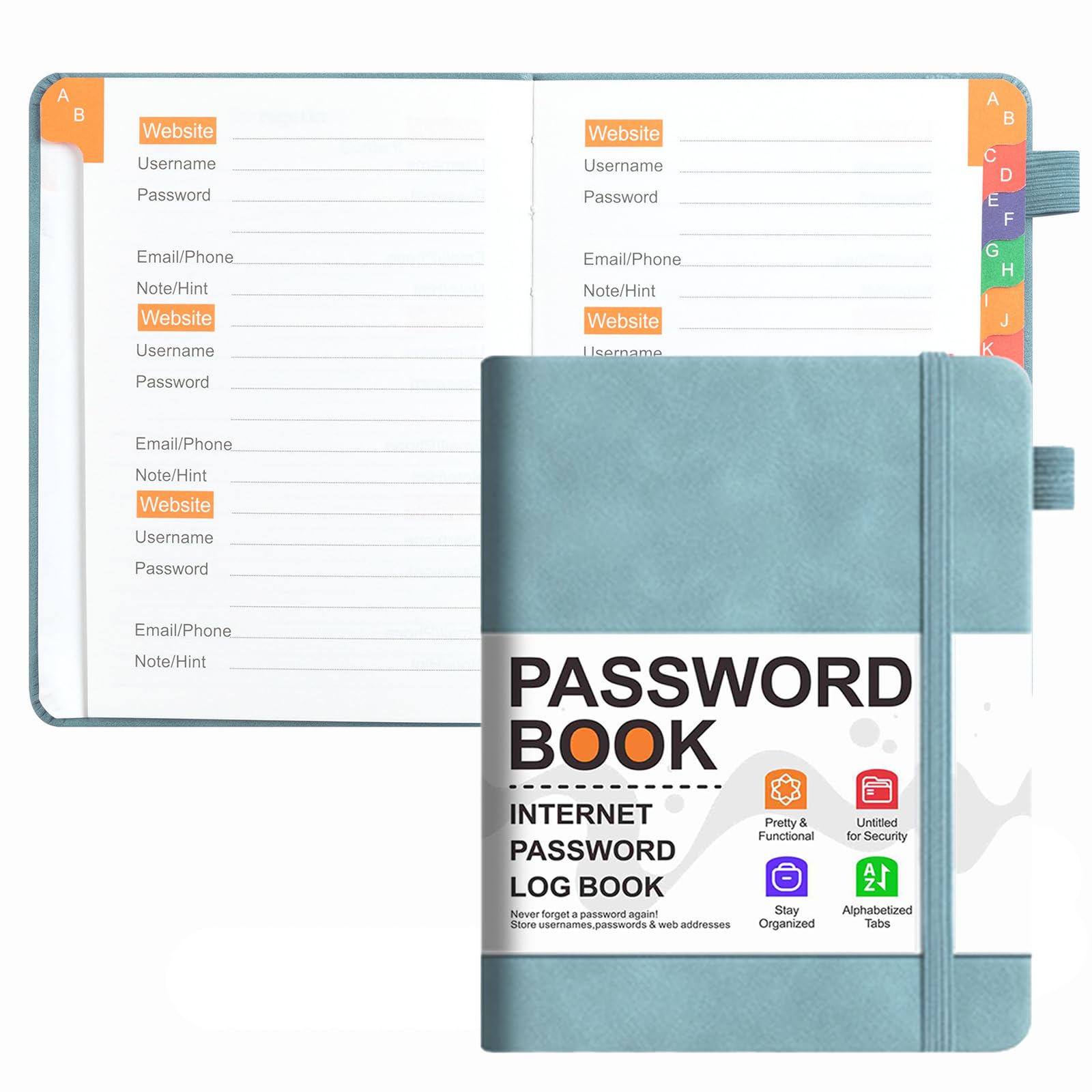 KAFENDA Password Book with Alphabetical Tabs, Address Book for Website Logins, Pocket Size 6.1" x 4.9", PU Leather Hardcover (Sage Blue)