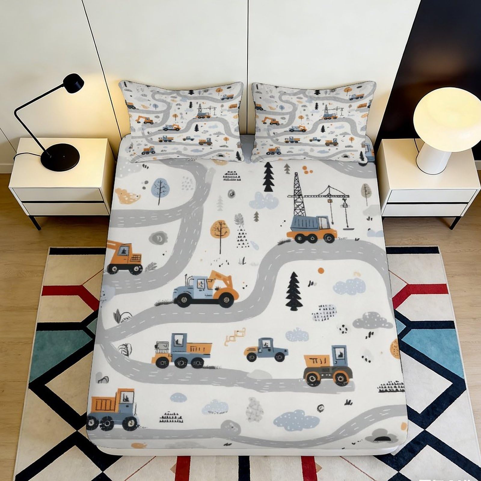 3D Printed Construction Trucks Fitted Sheet Microfiber Soft Non-Slip Cartoon Road Bed Cover for Bedroom Guestroom Decor 90x200x25cm