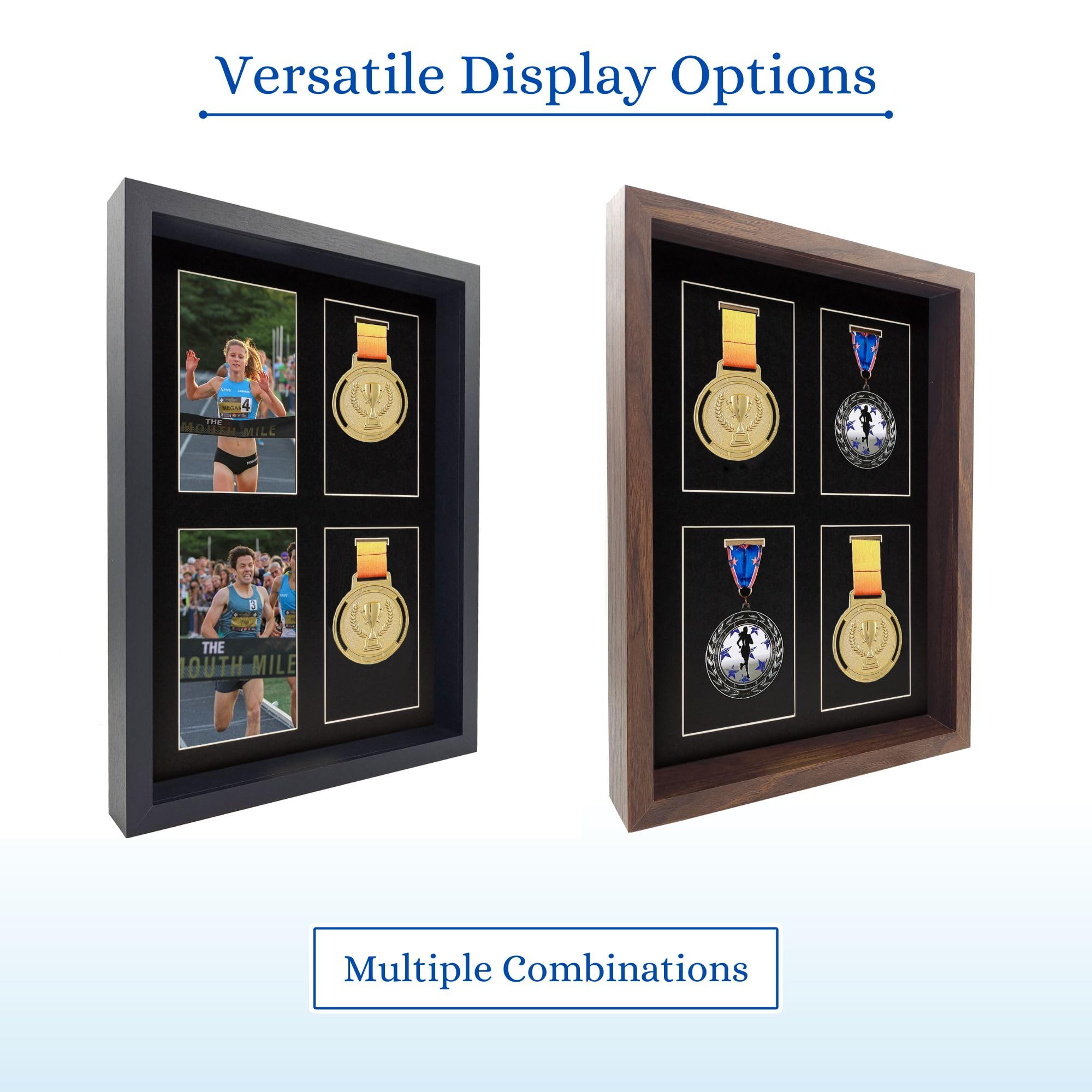 MedalAwardsRack Expositor de caja de sombras (4 medallas) - Maratón, triatlón y más (manchado)