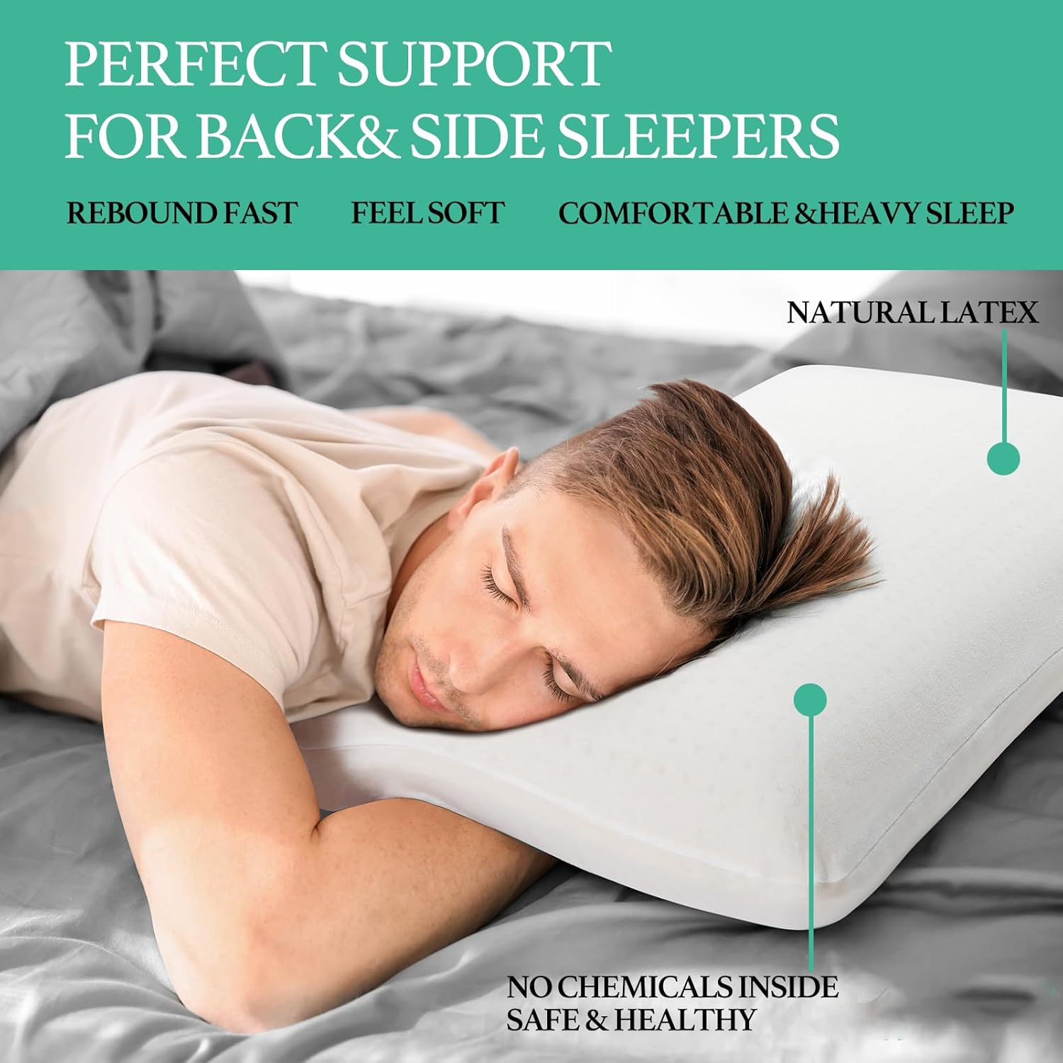 Talalay 100% Natural Premium Latex Pillow, Bed Pillow with Removable Cotton Cover, Queen Sleeping Pillow, Helps Relieve Pain and Pressure, Suitable for Side Back or Stomach Sleepers - Extra Soft - Image 2