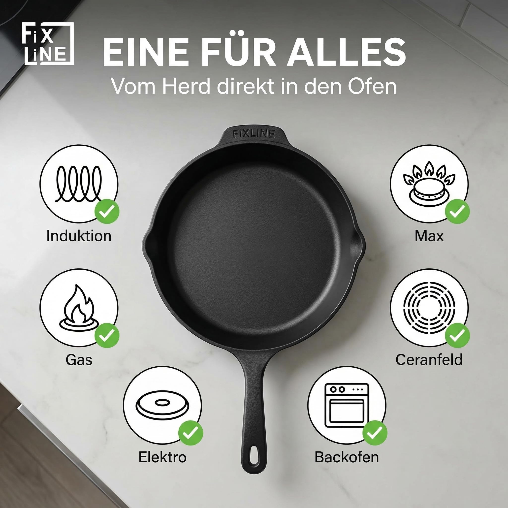 FIXLINE® Gusseisenpfanne in BLACK FOREST Edition 28cm - ORIGINAL - Induktion - Alle Herdarten inkl. Induktion - Emailliert - Kein Einbrennen nötig - Inklusive Rezeptbuch - Perfekte Geschenkidee