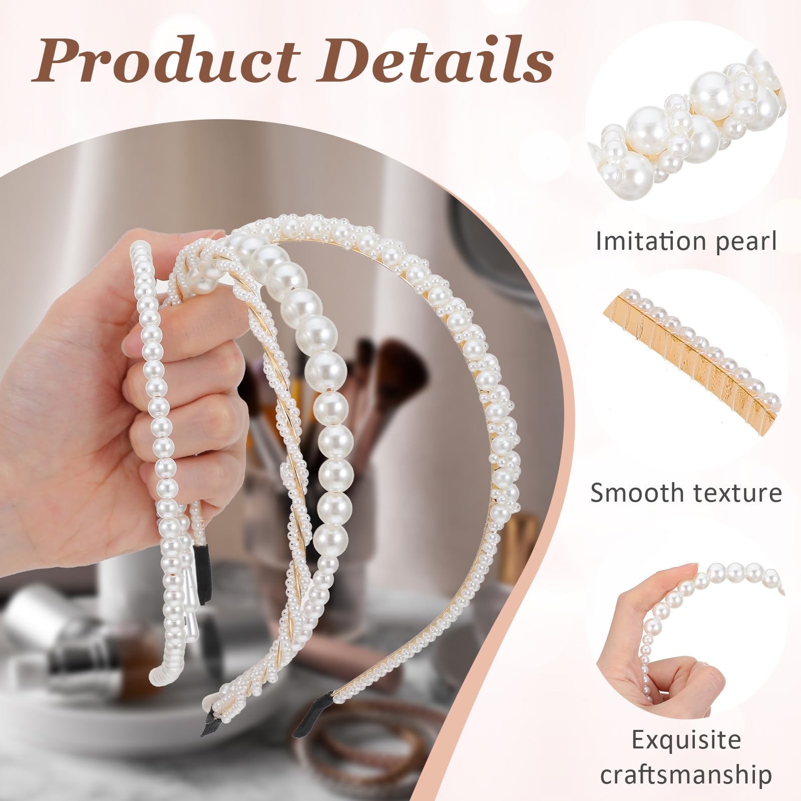 4 Pack Pearl Headband White Gold Girl Pearl Headbands Metal Thin Head Band - Image 3