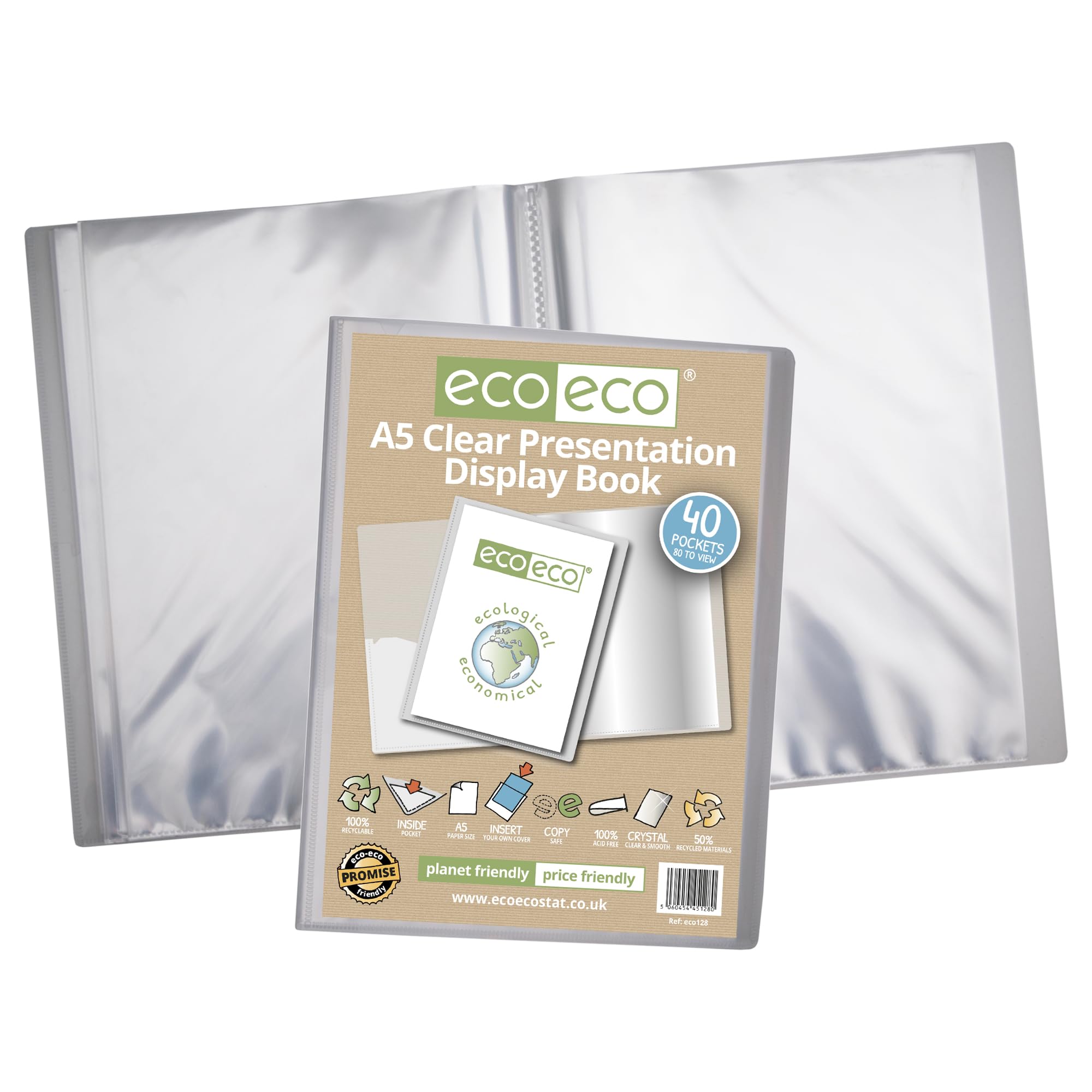 eco-eco Präsentationsbuch, A5, 50% recycelt, 40 Taschen, transparent, Aufbewahrungsbox, Portfolio-Kunstmappe mit Kunststoffhüllen, 12 Stück, eco128 x 12