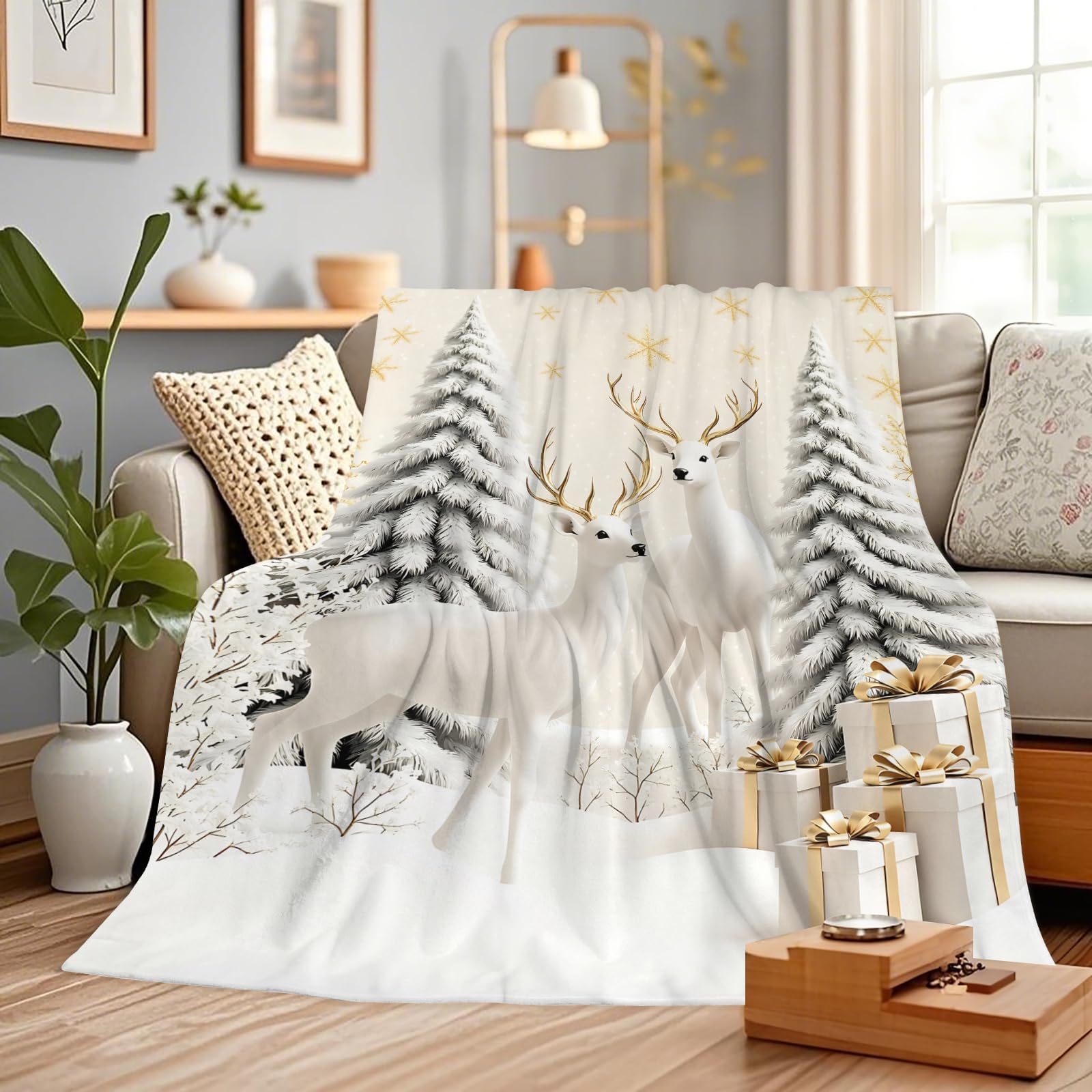 Gelasgo Christmas Reindeer Throw Blanket, Winter Snow Scene Flannel, Cozy Holiday Deer Pine Trees Farmhouse Decor, Xmas Gift, 102 x 76 cm