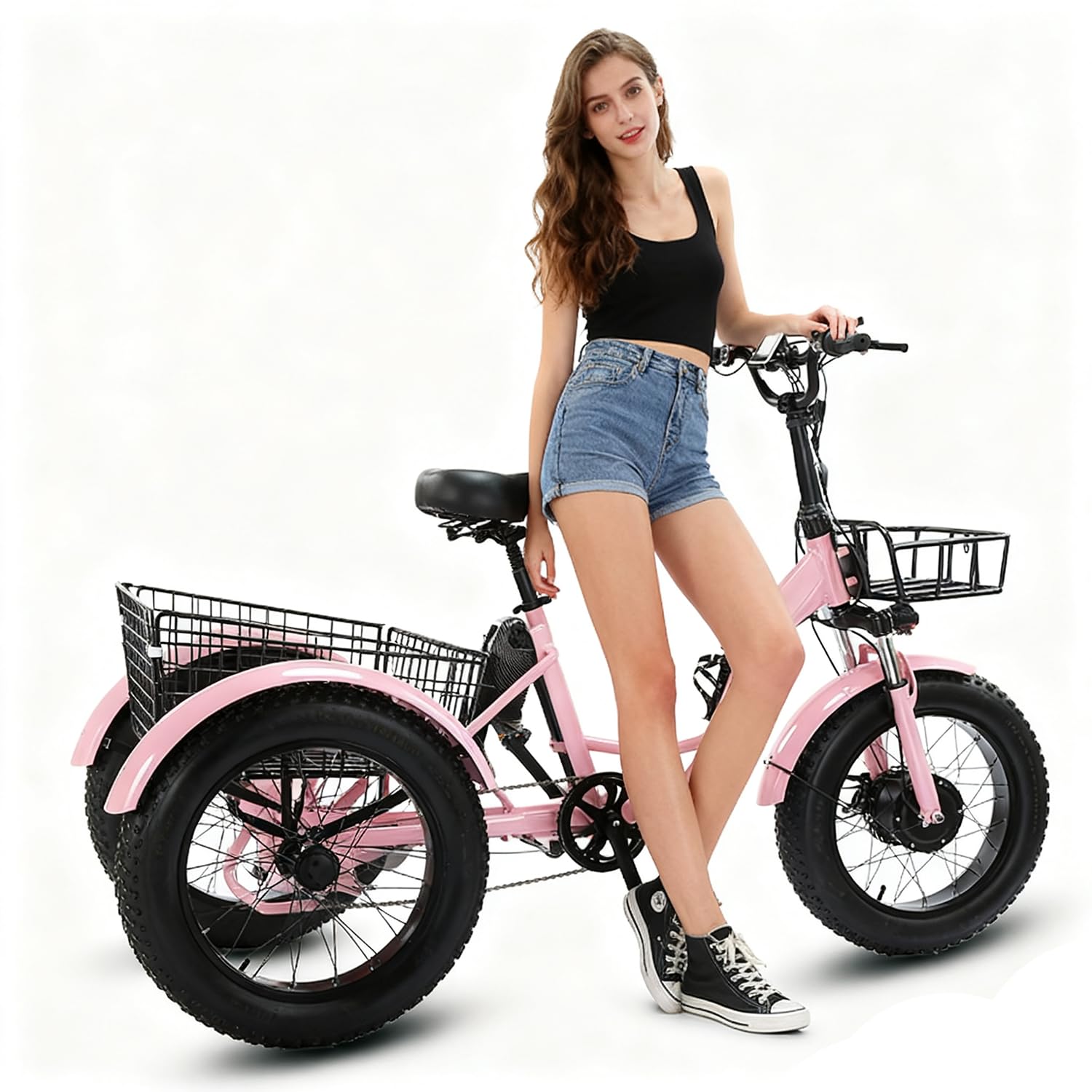 Triciclo Elettrico Adulti 20"x4.0" Fat Tire – 500W Motore, Batteria Rimovibile 48V 13Ah, Sospensioni, Luce LED, Grande Cestino Posteriore, Ideale per Tutti i Terreni, 30-40 km Pink