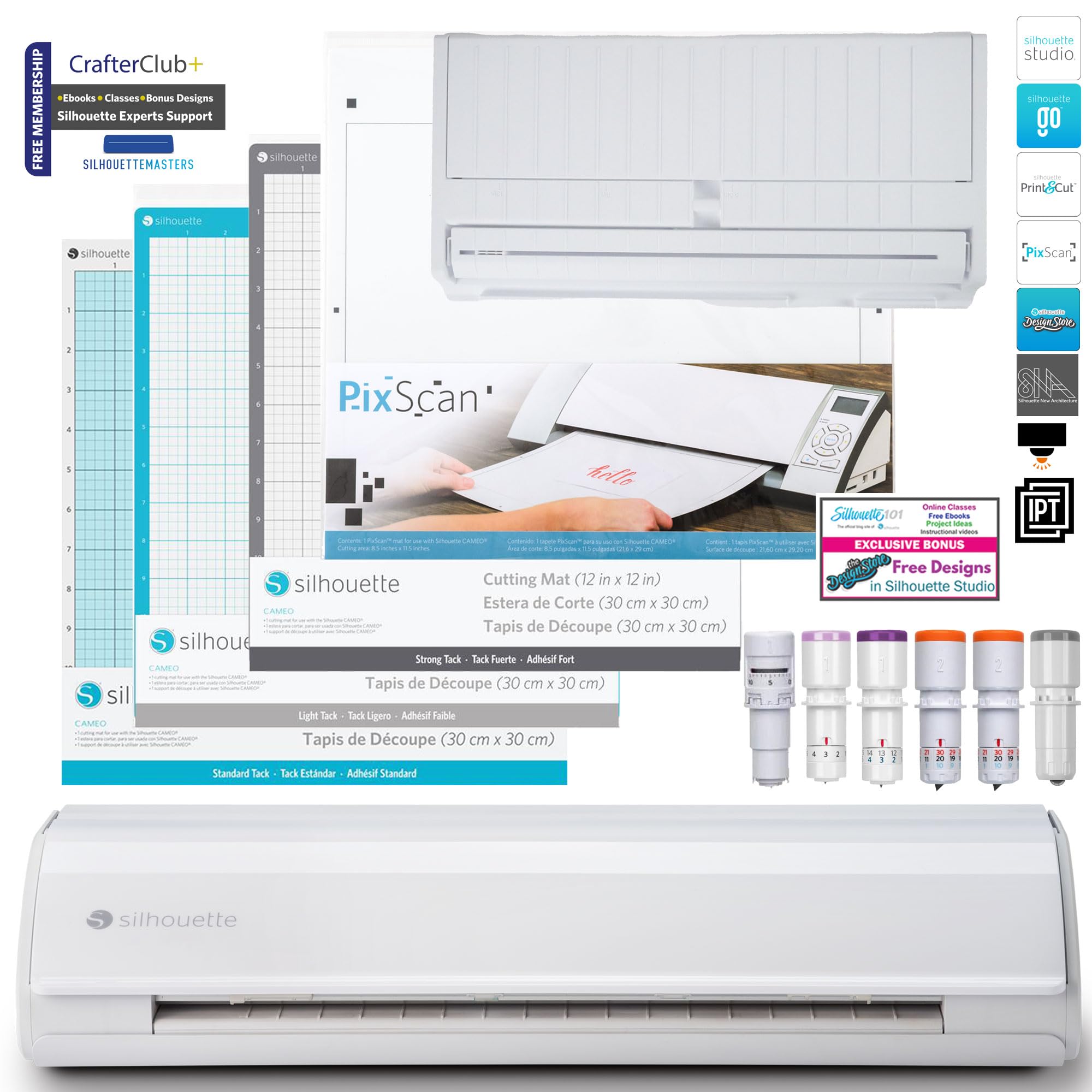 Silhouette Cameo 5 Bundle - Mats and Blades - 4 Cutting Mats Including The PixScan Mat, 5 Different Cutting Blades, Silhouette Studio and Roll Feeder (White)