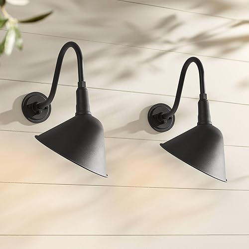 Franklin Iron Works Neihart - Juego de 2 lámparas de pared rústicas para exteriores, de aluminio negro, con cuello de cisne de 18 pulgadas para