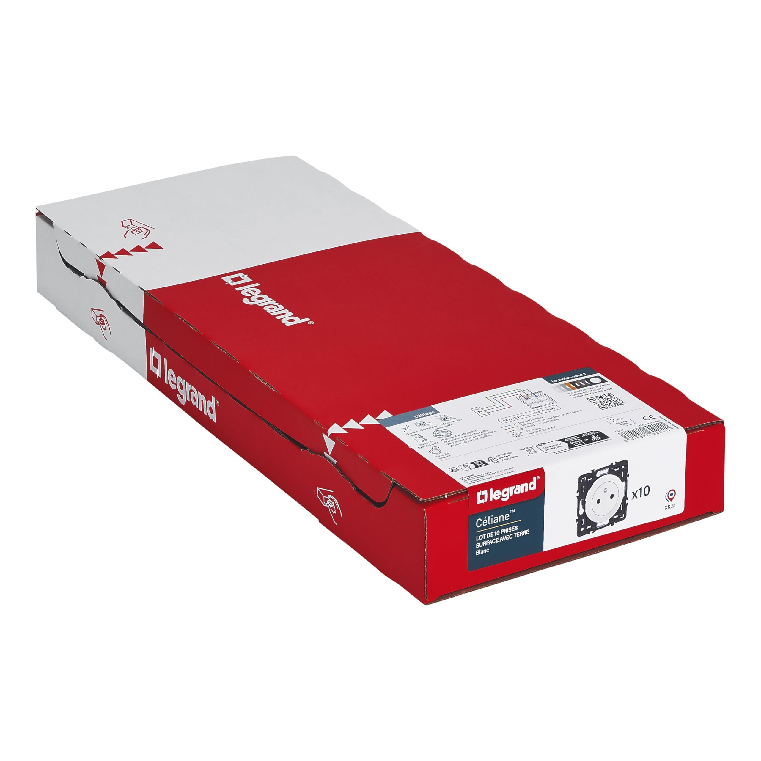 LEGRAND – Toma eléctrica de pared con tierra celiana superficie – Toma de refuerzo con base retráctil – blanco – Para completar con placas de acabado – Lote de 10