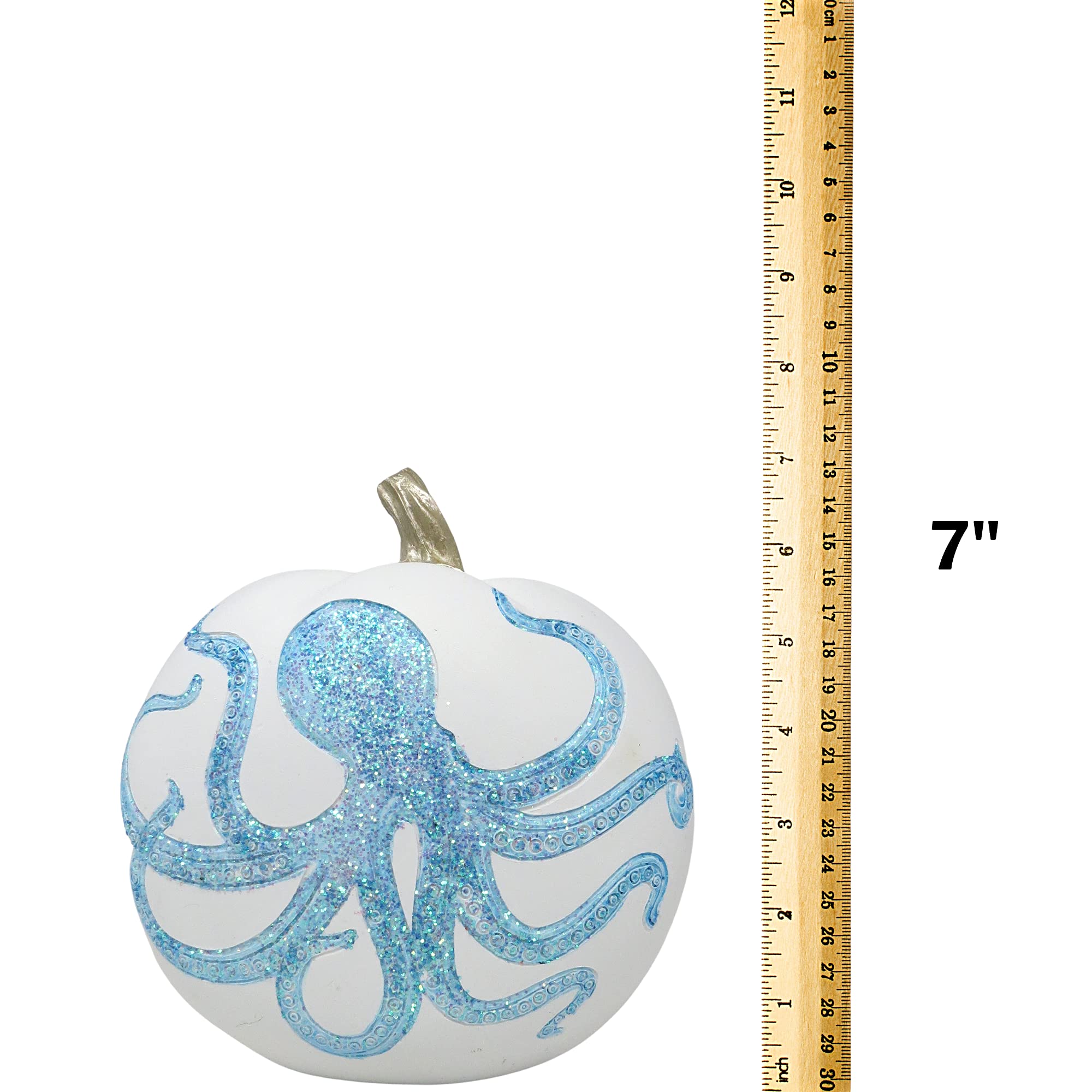 Needzo Fall at The Beach Painted Fake Pumpkin with Glittery Octopus, White Faux Slim Pumpkins Nautical Bathroom Decor for Vacation Homes, 7 Inches…