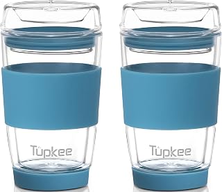 Double Wall Glass Tumbler - 8 oz, Full Glass Reusable Insulated Tea/Coffee Mug and Lid, Hand Blown Glass Travel Mug - Niagara - Pack of 2
