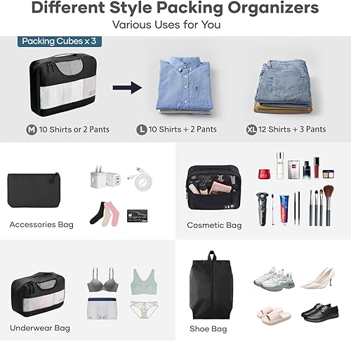 Miniatura 4 de Juego de 8 cubos de embalaje de varios colores para maletas en 4 tamaños (extra grande, grande, mediano, pequeño), juego de bolsas de equipaje Veken